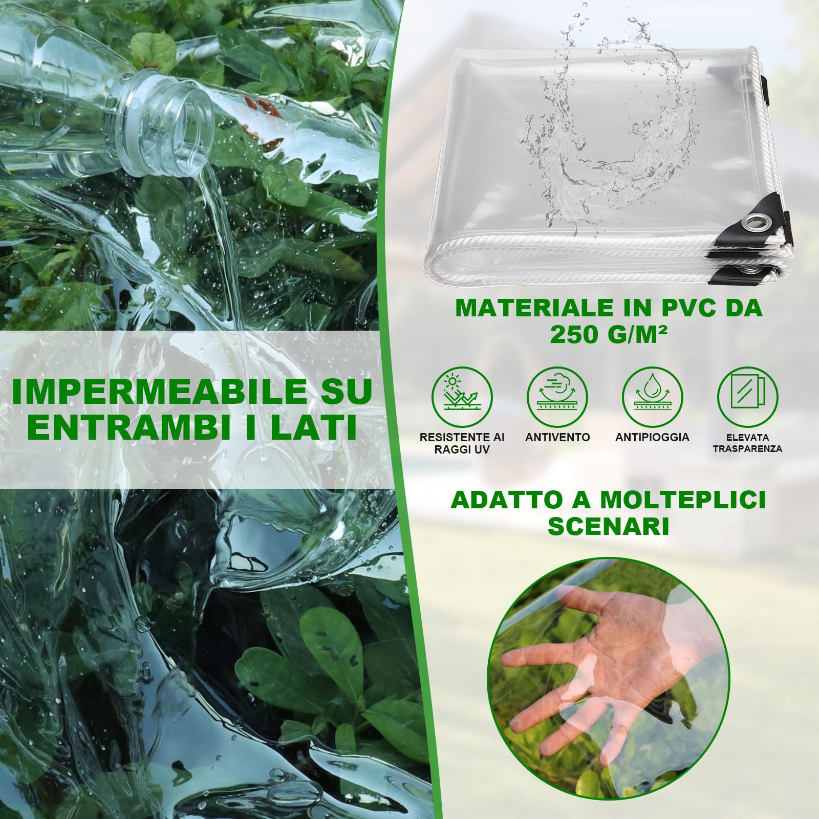 Jianyana PVC 250 G/M Telo Impermeabile Esterno, 3 × 5 m Telone Impermeabile Per Esterno Telone Trasparente Occhiellato Teloni Impermeabili Occhiellati Con Corda Da 10 M, Fascetta