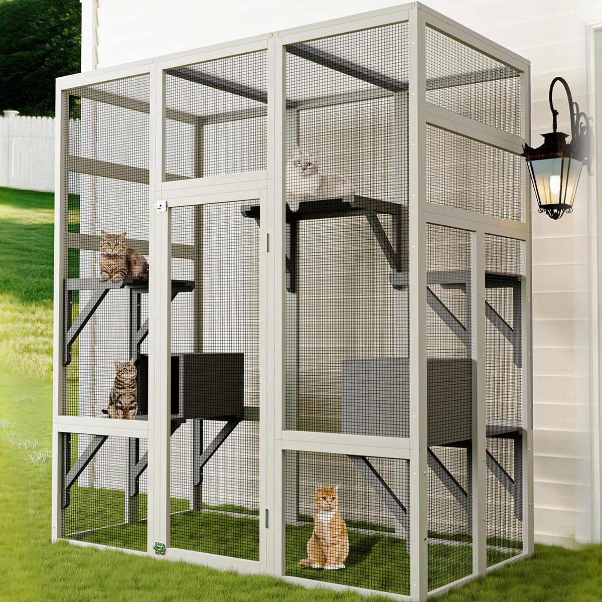 Catio Outdoor - Recinto para gatos grande con techo impermeable, 5 plataformas y 2 cajas de descanso, jaula para gatos al aire libre, ofrece espacio para hasta 6 gatos, casas pequeñas para jardín