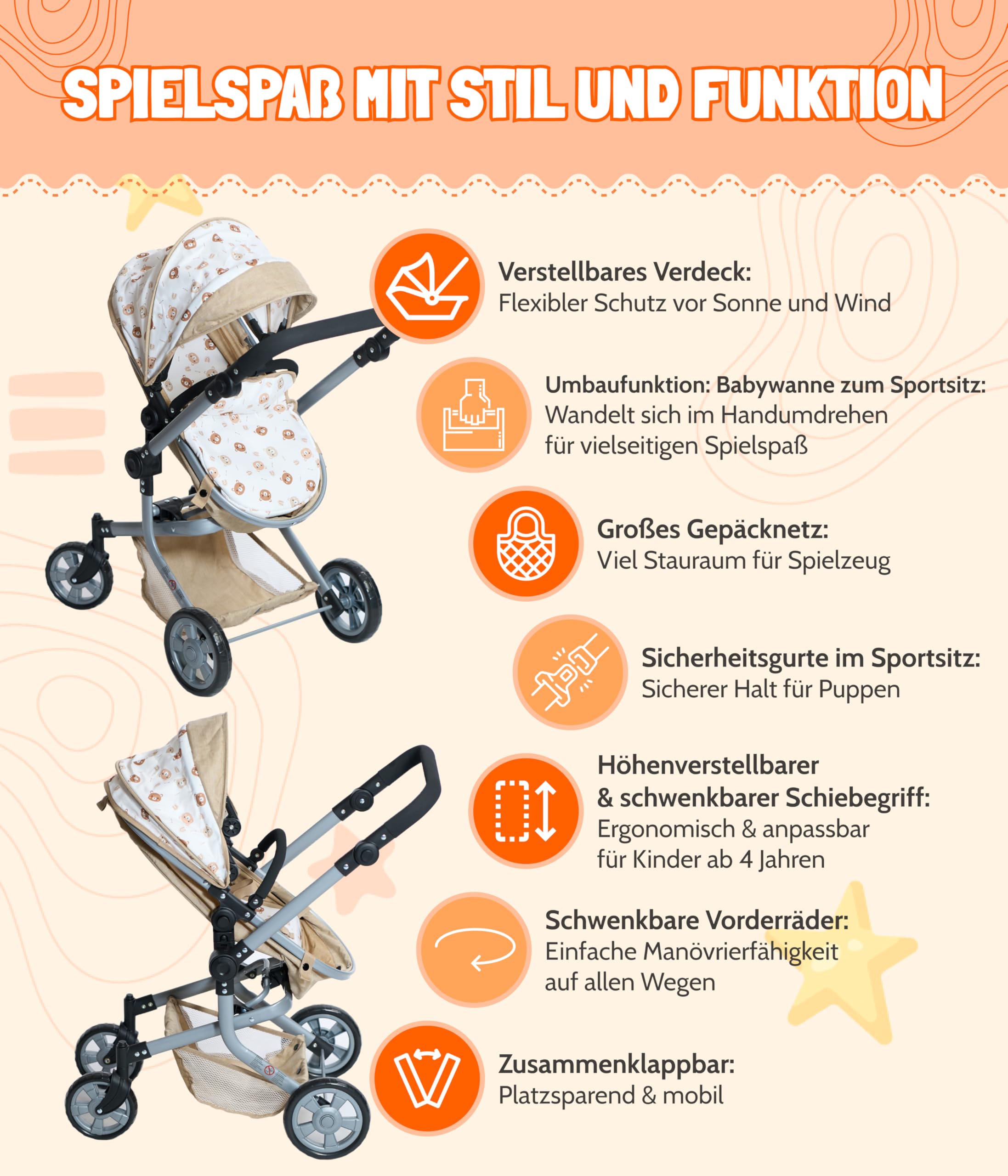 Bayer Chic 2000 Puppenwagen Mika | 2in1 Kombi-Buggy Bärchen Beige | Großer 2in1 Kombi-Puppenwagen mit umwandelbarem Sportsitz für Puppen bis 52 cm. Bärchen Beige, Griff 47-80 cm, ab 3 J.