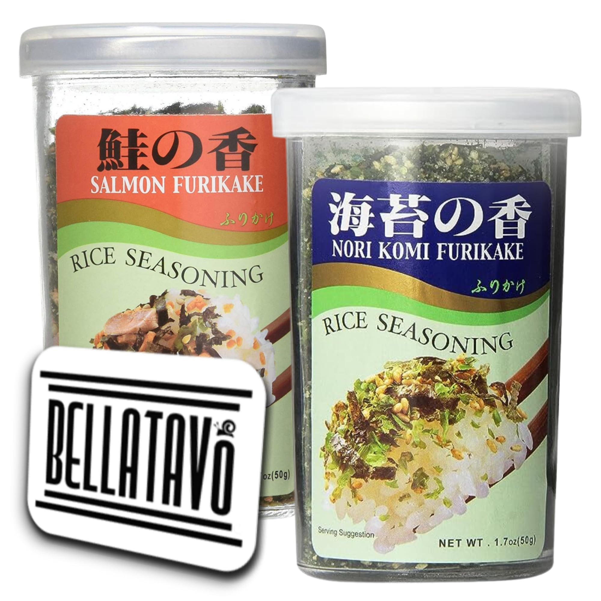 Japanese Rice Seasoning Bundle. Includes One-1.70 Oz Pack of Each Ajishima Salmon Fumi Furikake Rice Seasoning and Nori Komi Furikake Rice Seasoning. A Must-Try! Comes with a Bellatavo Fridge Magnet.