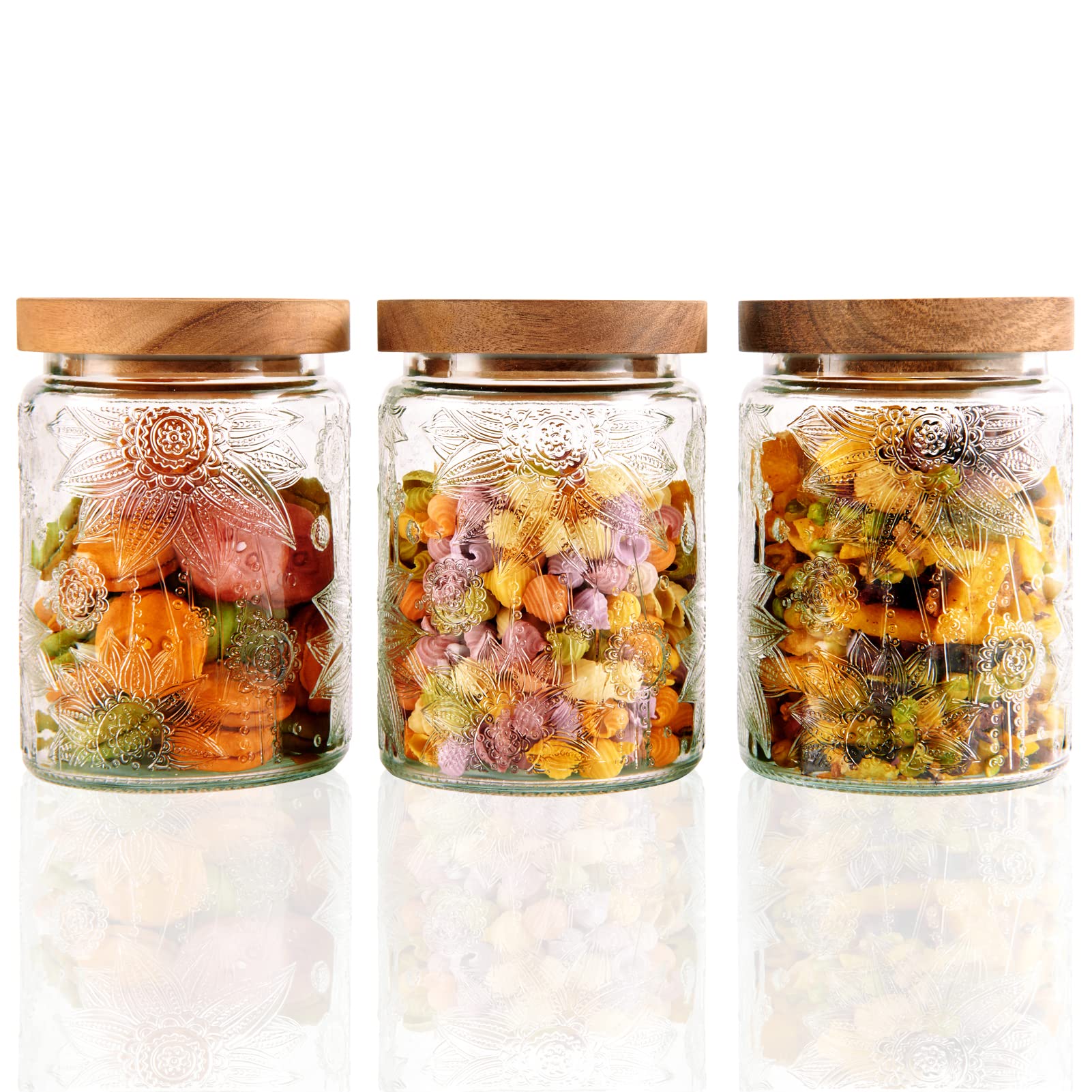 Hoa Kinh 24oz Glass Jars with Airtight Wooden Lid, 3Pack 700ml Glass Food Storage Containers Suit for Kitchen Pantry, Sunflower Glass Canister Set for Save Coffee, Tea, Flours, Sugars, Bean, Spice, Incomplete lids not included