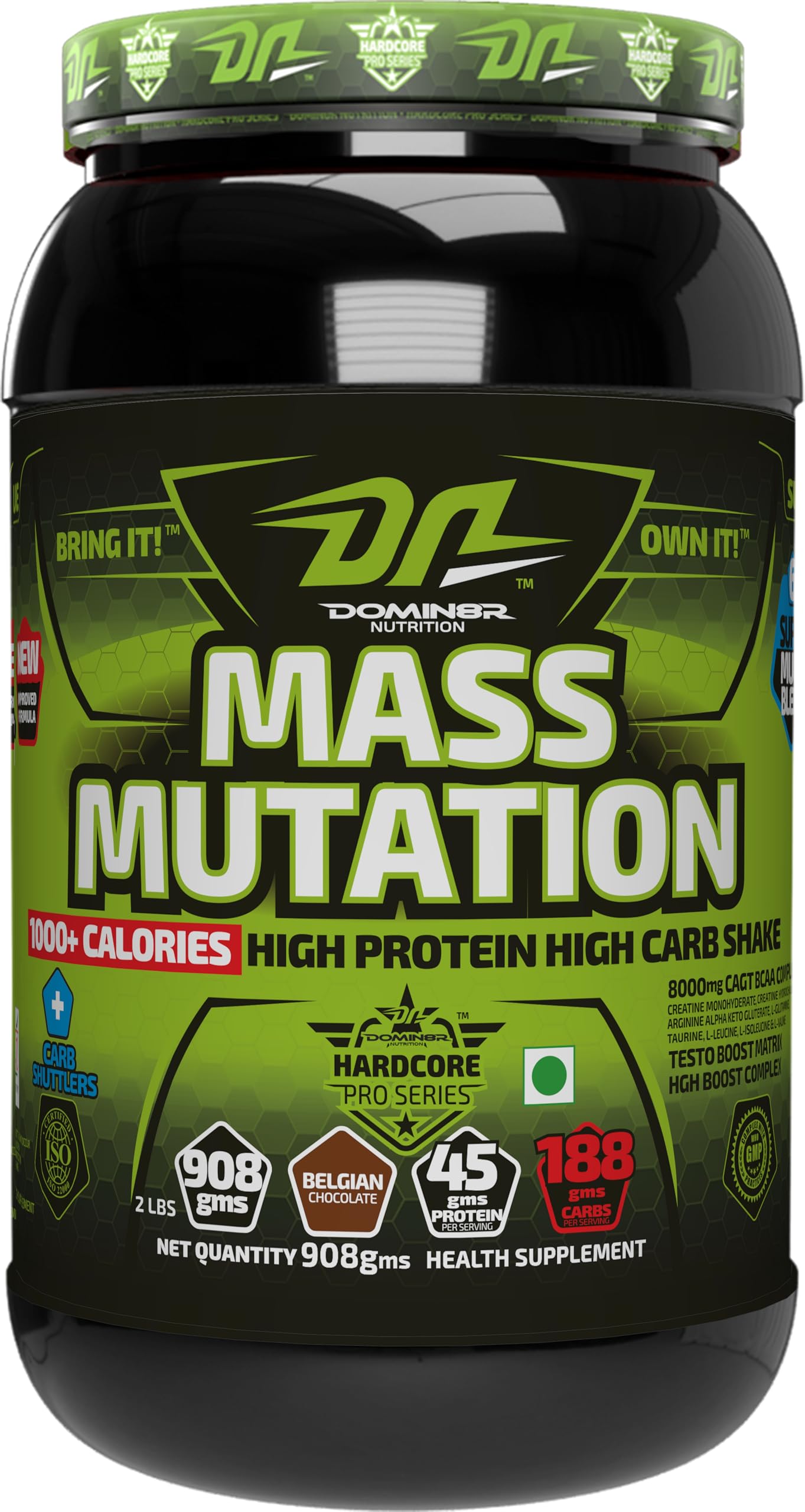 DN Mass Mutation Weight Gainer, 908 g (2 Lbs), Belgain Chocolate, High Protein Mass Gainer, 45g of Protein Per Serving With TESTO Boost | HGH Boost| CGT Bcaa Complex
