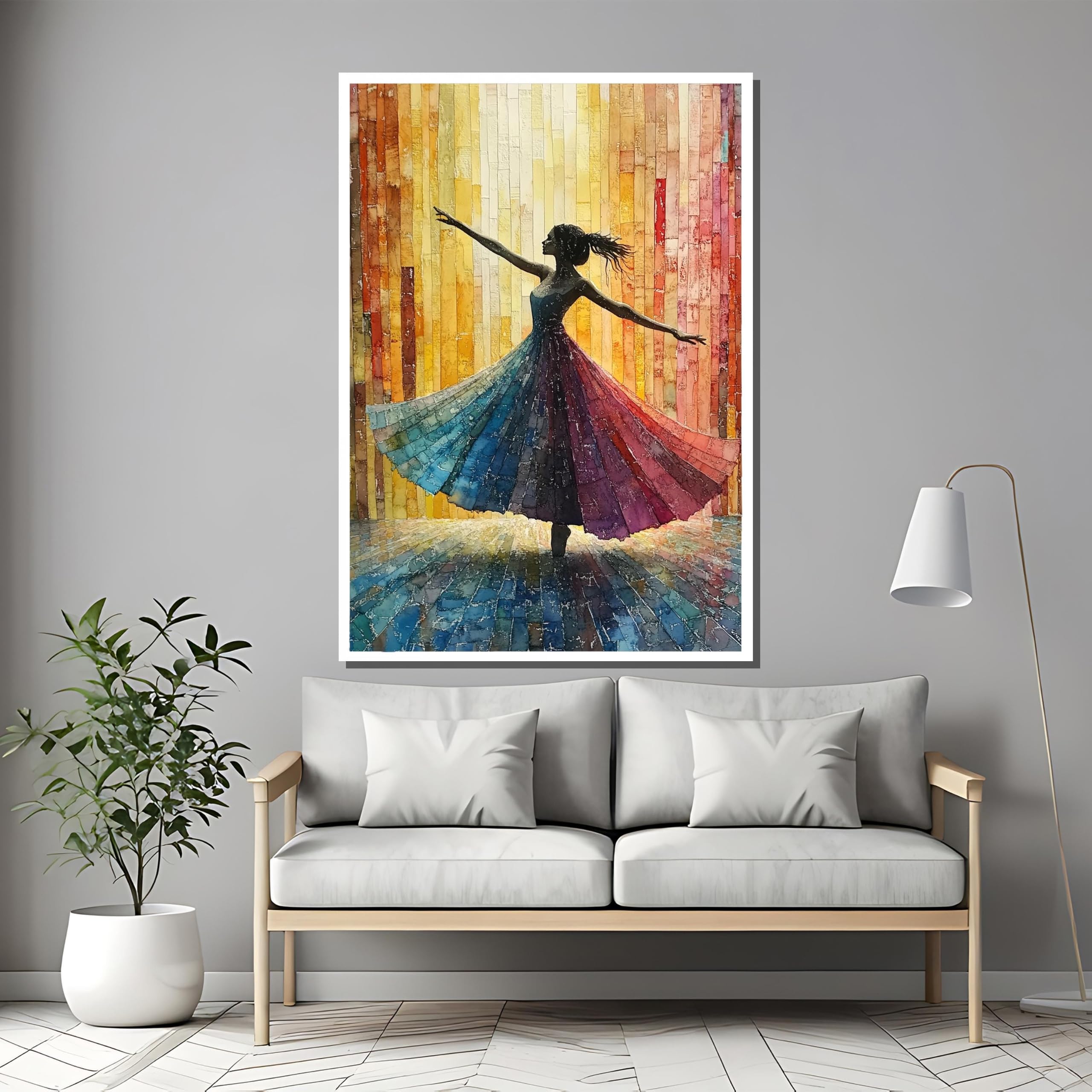 XUEQINART Colorful Ballet Canvas Painting - Silhouette of a Dancer in Flowing Dress Against a Sunset, Posters Prints Wall Pictures(80x110cm/Frameless)