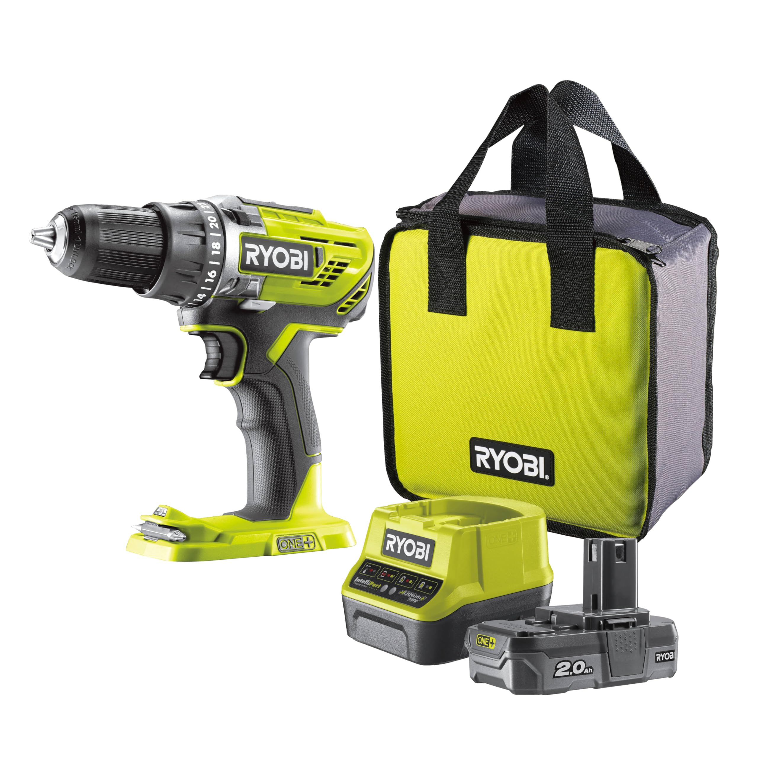Ryobi Trapano Avvitatore a Batteria 18V ONE+ con Batteria 2,0Ah e Caricabatterie, 50 Nm, Mandrino Autoserrante 13 mm, 2 Velocità, 24 Regolazioni di Coppia, LED Integrato, R18DD3-120S