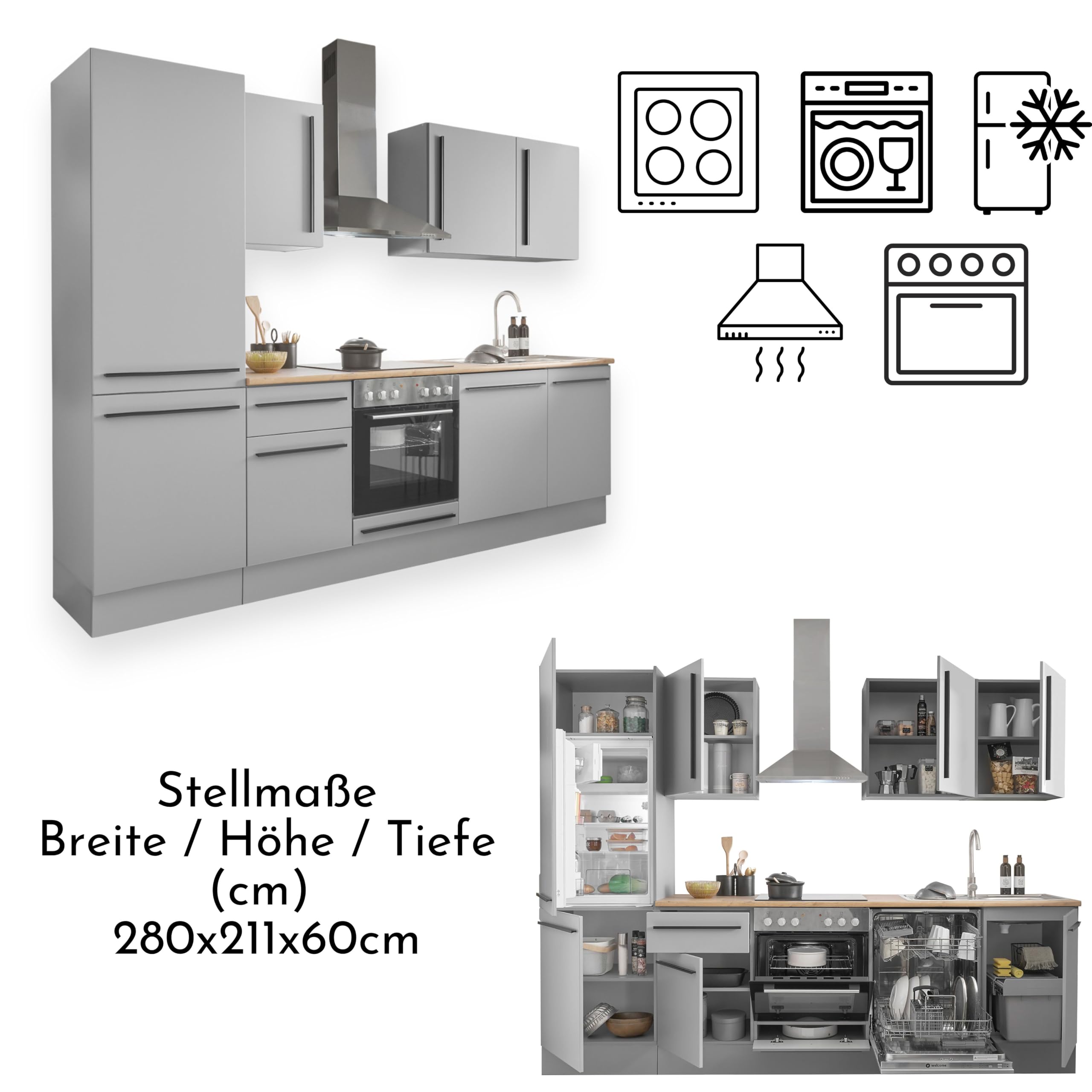 Denver Moderne Küchenzeile mit Elektrogeräten in Grau, Lancelot Eiche Optik - Geräumige Einbauküche mit viel Stauraum - 280 x 211 x 60 cm (B/H/T)