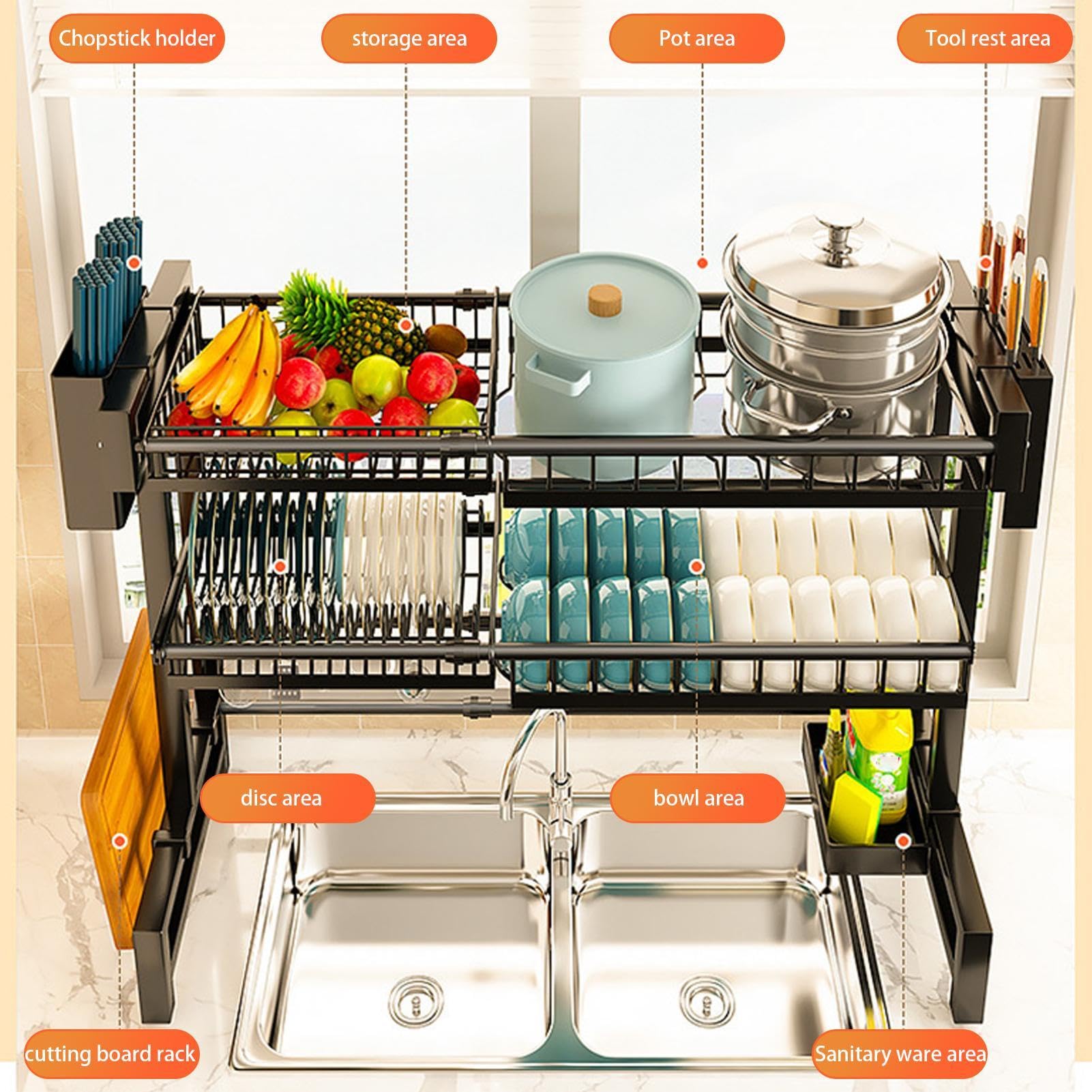 Escurridor de platos para encimera de cocina, escurridor de platos en | fregadero,Escurridor de platos retráctil de 2 niveles | Estante de fregadero de cocina de acero inoxidable, soporte de