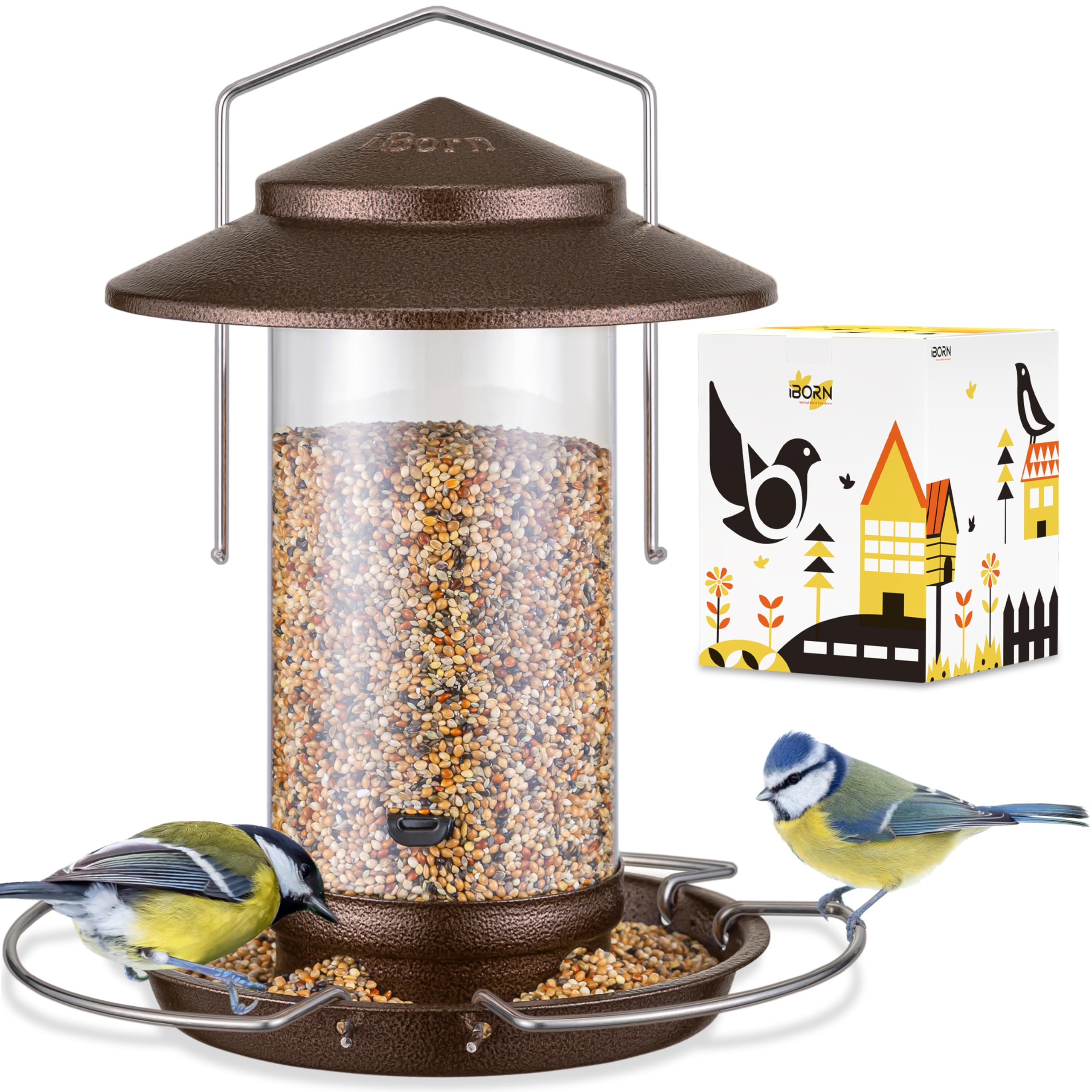 iBorn Bird Feeder Metal Squirrel Chew-Proof Bird Feeders for Outdoors Hanging Outside for Cardinal, Holds 1.32LB Seed with 3 Perchs, Brushed Coffee (Seed is not Included) — image 1