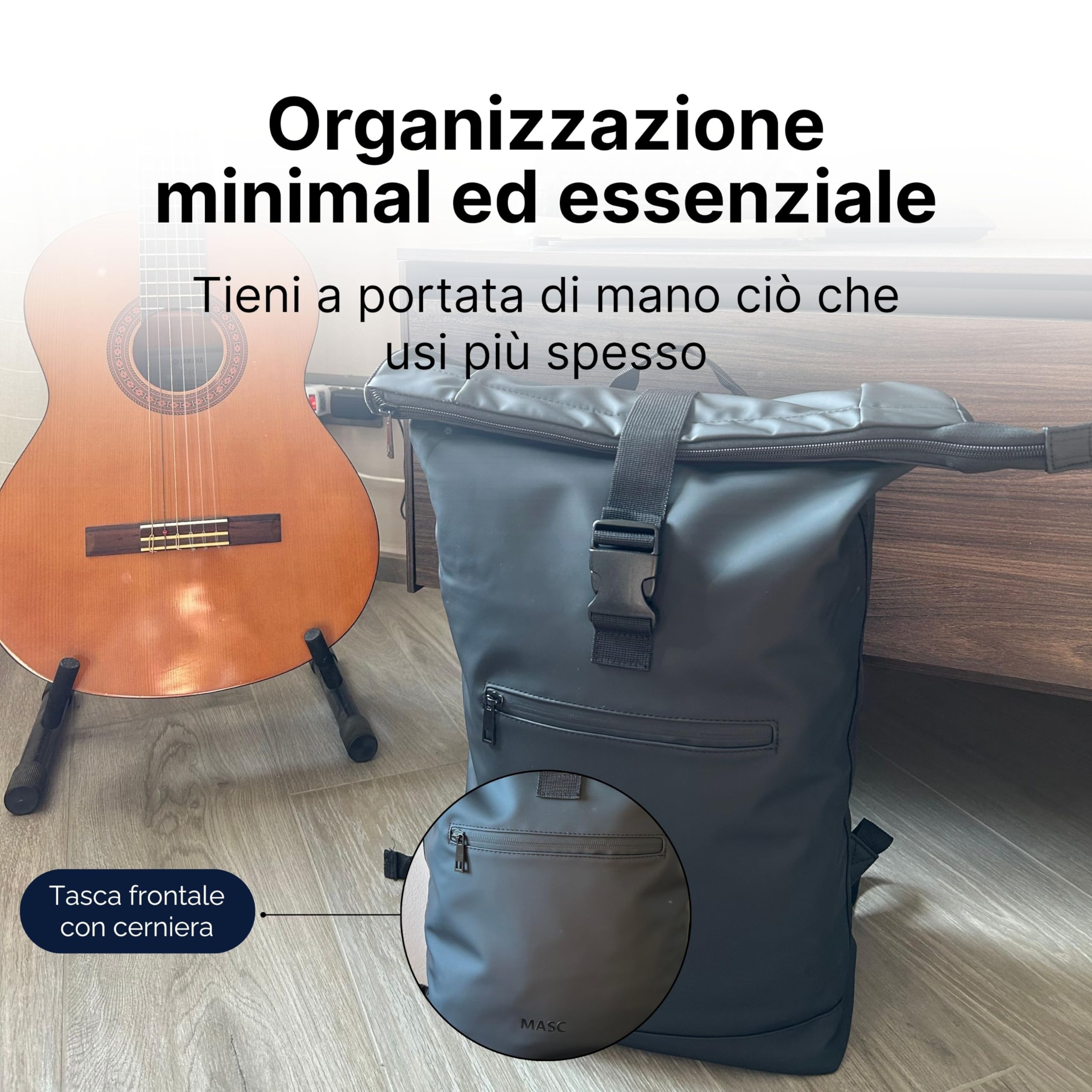 MASC Zaino Rolltop Impermeabile per Uomo e Donna, Zaino da Lavoro Elegante, 21L Capiente con Scomparto Porta Pc 18 Pollici