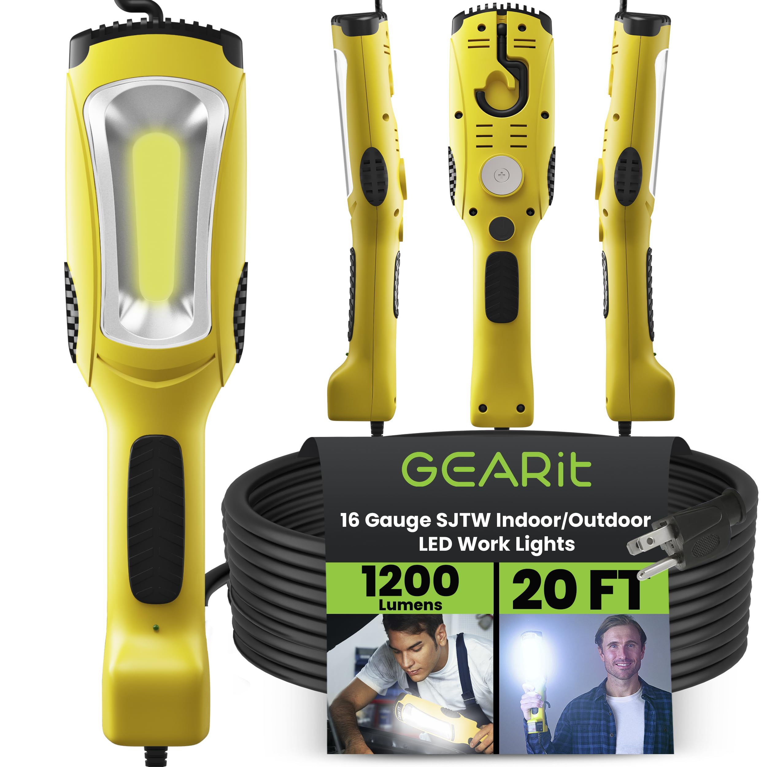 GEARit LED Work Light (20 feet) 1200 Lumen COB LED - 16 Gauge SJTW Indoor/Outdoor NEMA 5-15R Extension Cord - Handheld, Rotating Hanger, Magnetic Base for Auto Mechanic and Construction - 20ft