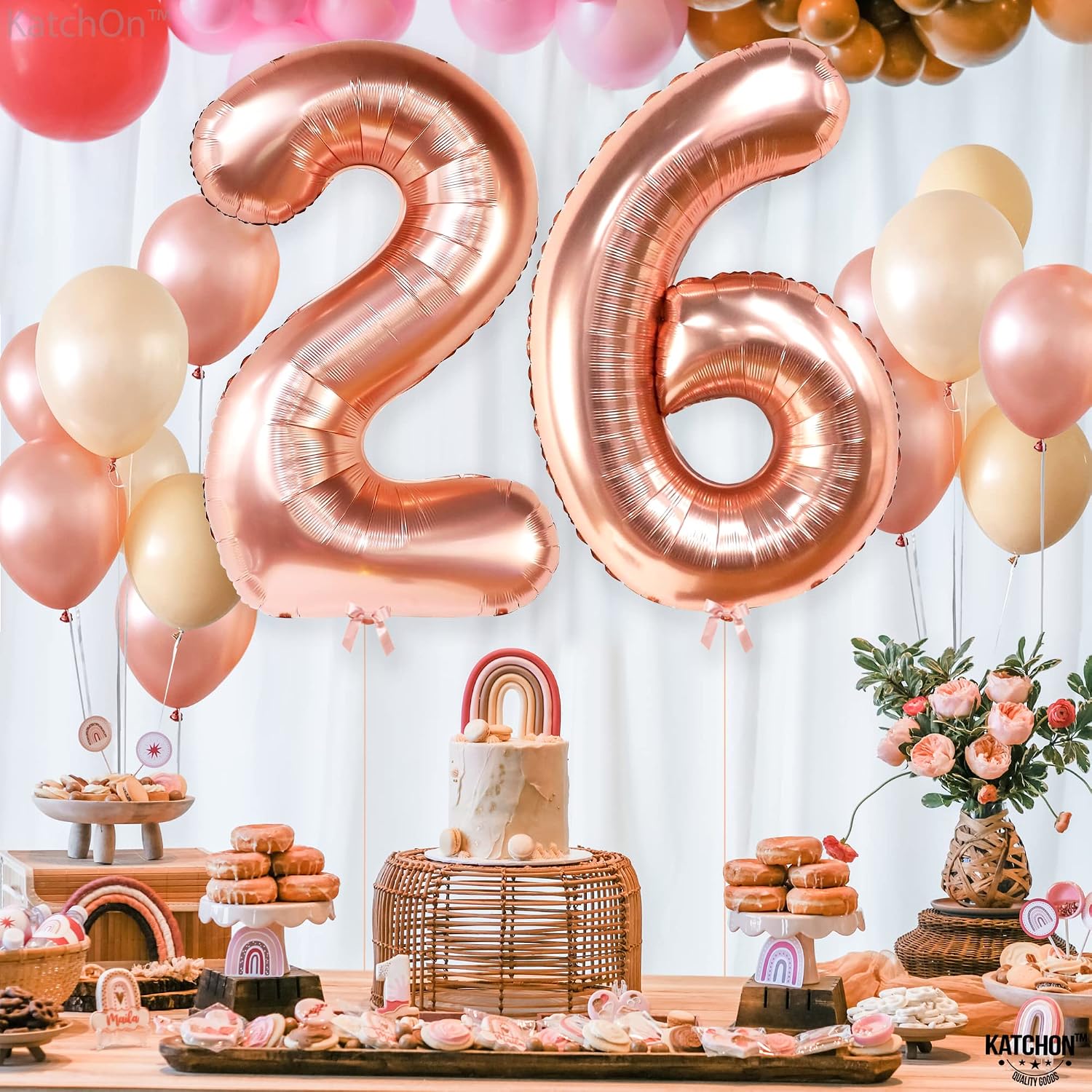 KatchOn Giant 40 Inch Rose Gold 26 Balloon Number - 2 Pack, Helium Supported, Reusable, Self Sealing, Perfect for 26th Birthday Decorations for Women and Girls