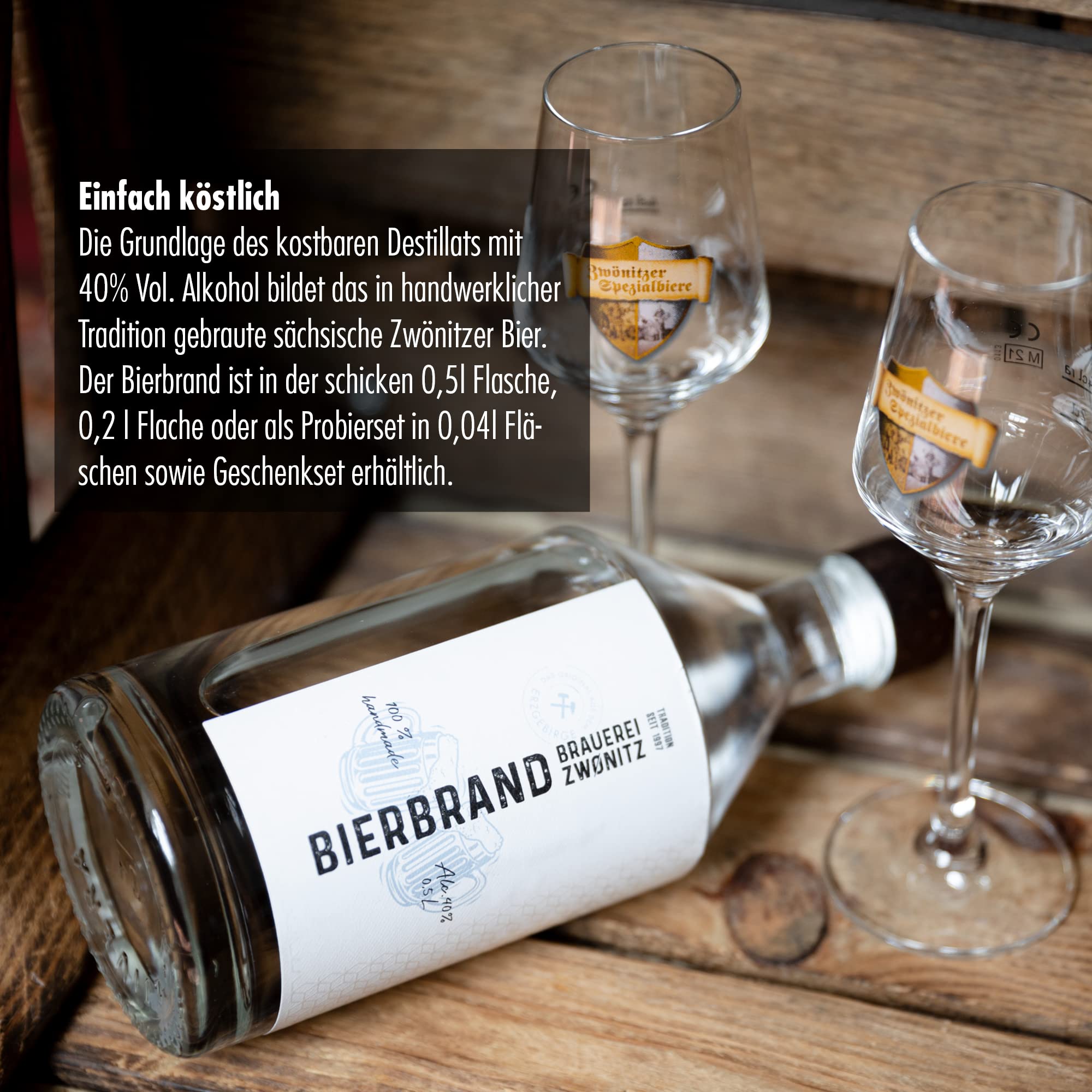 Brauerei Zwönitz Geschenkset mit Bierbrand 0,5 L & zwei passenden Gläsern | Alkohol Geschenkset mit Bierbrand - Originelles Biergeschenk