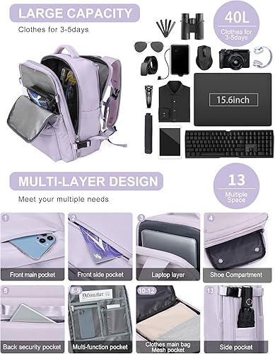 Miniatura 8 de Mochila de viaje para mujer y hombre, A10-púrpura (juego de 2 piezas), Grande