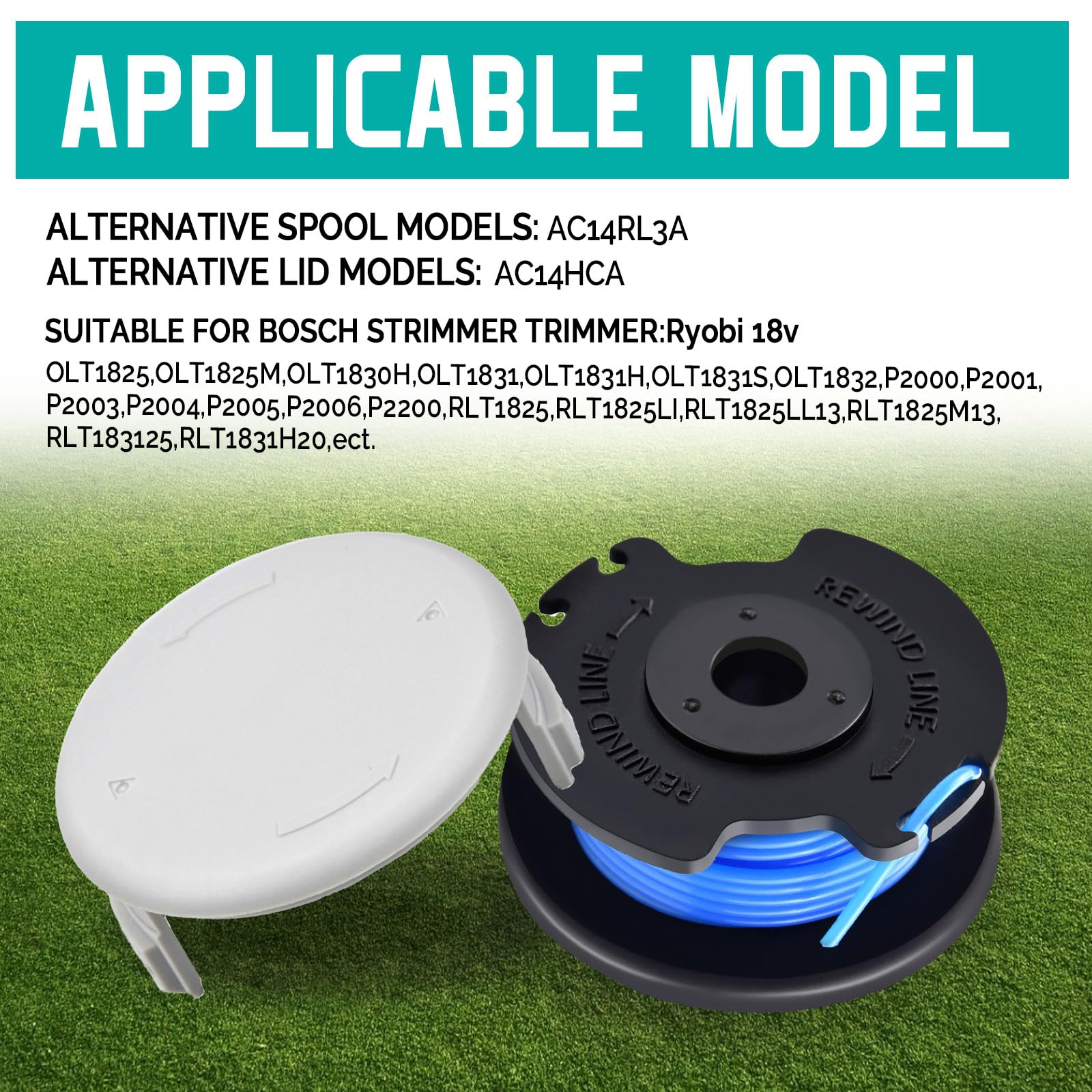 Viilich 10pcs Strimmer Spool Compatible with Ryobi One + AC14RL3A OLT1823 OLT1832 Rac124,1.6mm Autofeed Strimmer Line Compatible with Ryobi 18V 24V 40V Strimmer,2pcs Replacement Spool Cap AC14HCA - Image 3