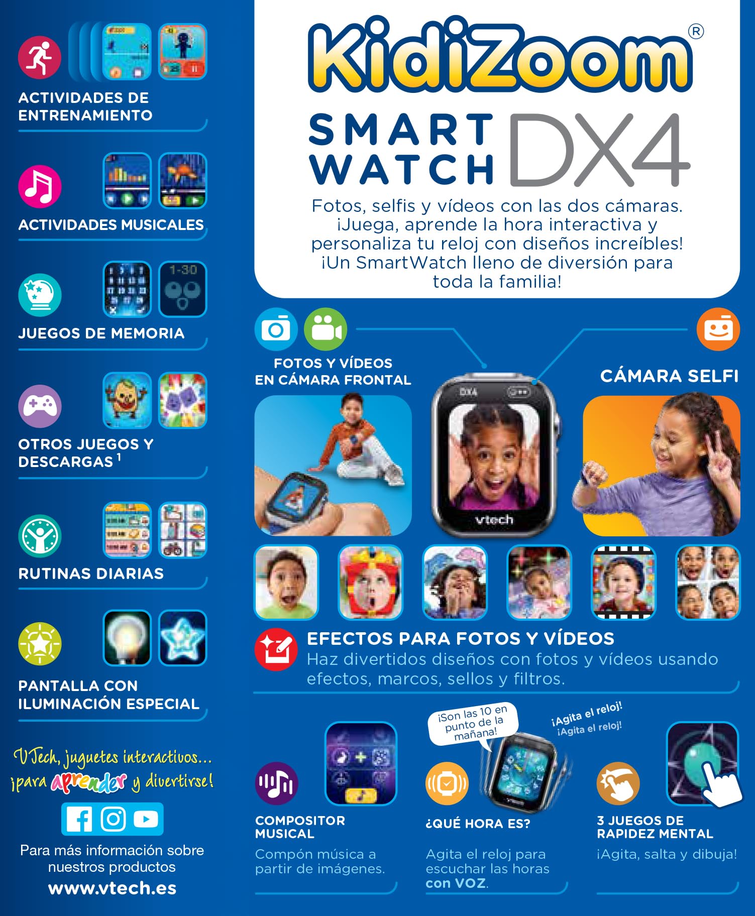 VTech KidiZoom DX4 Smartwatch Bleu Double Appareil Photo pour Photos et Selfies, Jeux, podomètre, écran Vertical Couleur, Lecteur de Musique, Version ESP