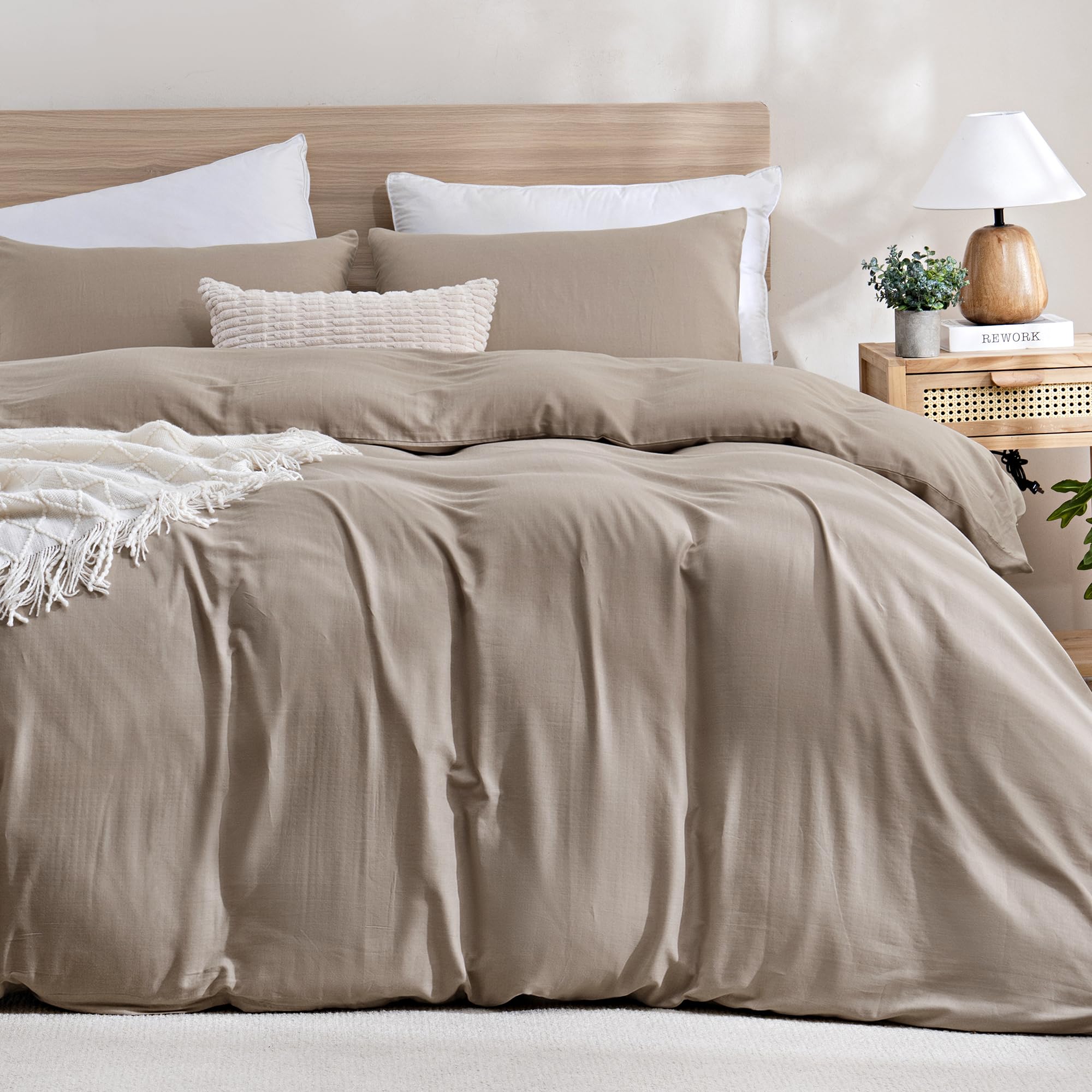 TOCOMOA 100% Muslin Cotton Duvet Cover Set, Taupe, Queen