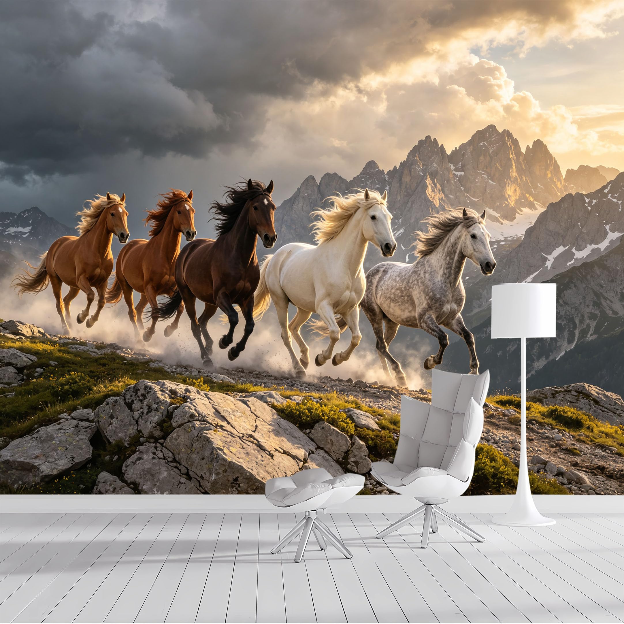 Custom Size Wall Mural Running Horses Mountain Landscape Sunset Panoramic Rustic SelfAdhesive Wall Fabric Removable Peel and Stick Wallpaper Wall Decor for Living Room Bedroom Bathroom
