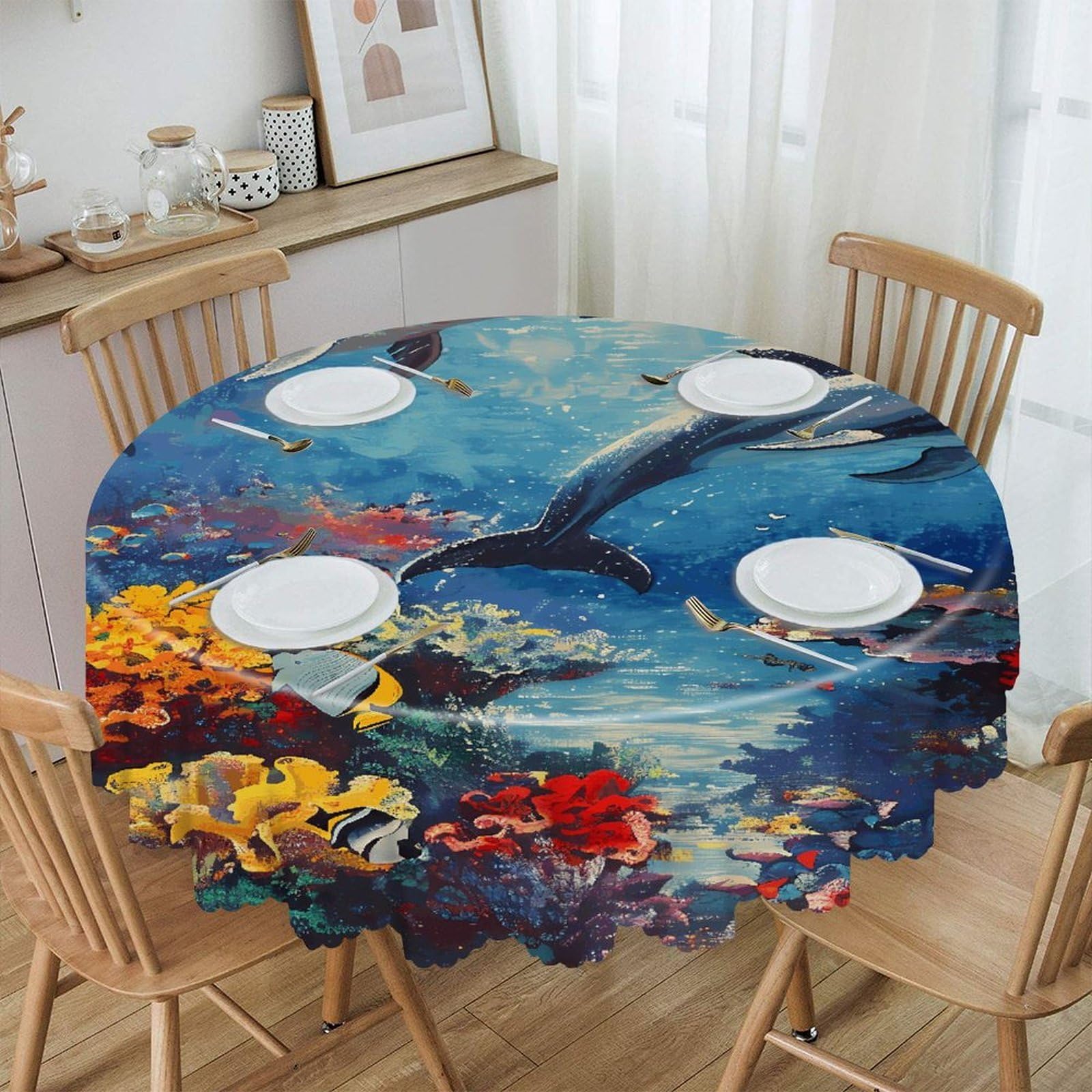 FekiLoot Seabed Coral Fish Dolphins Round Tablecloths 60 Inch Resistant Washable Polyester Table Cloth Style Decorative Circle Fabric Table Cover for Dining Kitchen Party Farmhouse Outdoor