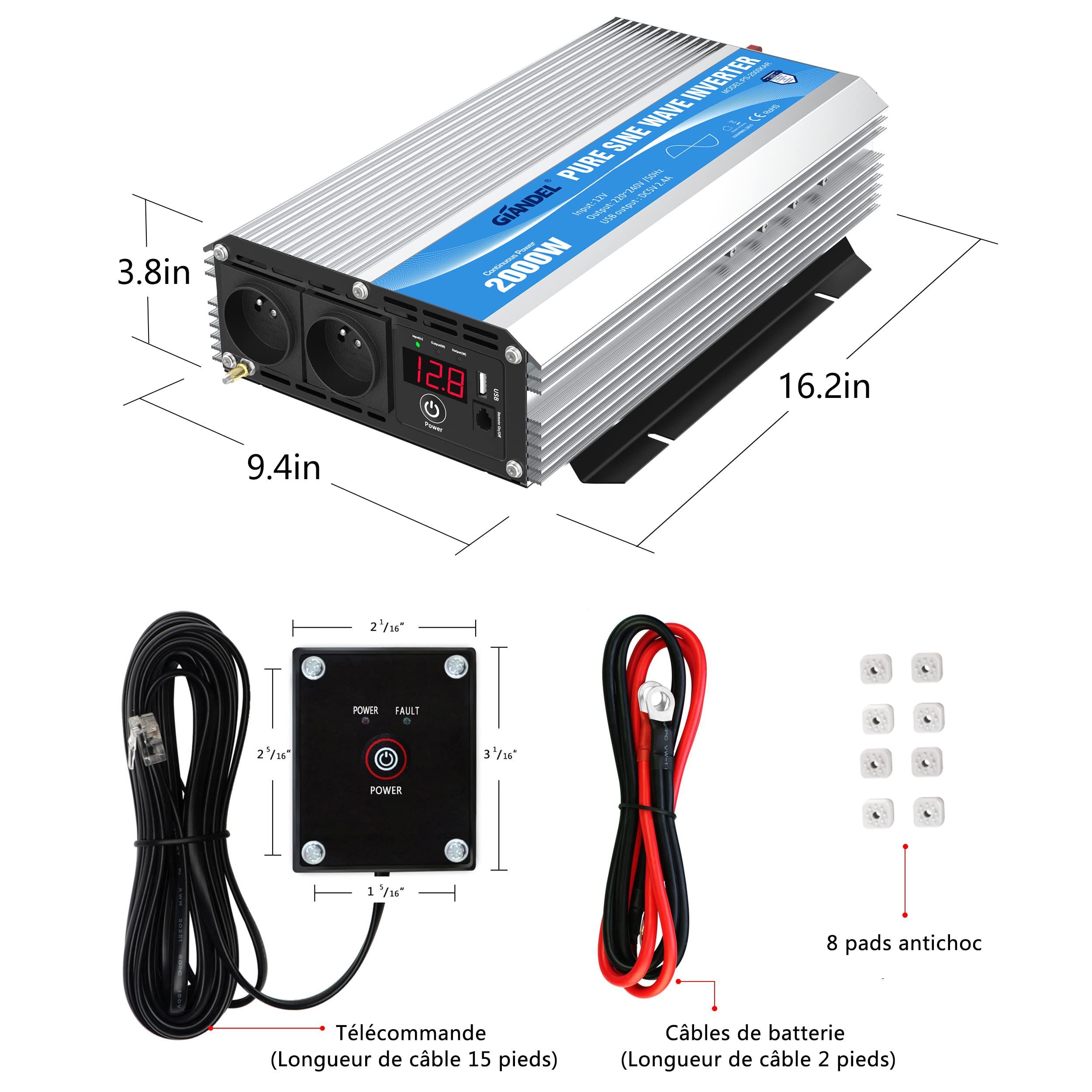 GIANDEL 2000W Convertisseur 12V 220V Pur Sinus Onduleur à Onde Sinusoïdale Pure Transformateur Compatible Lithium-Batteries, pour La Maison, RV, Camion, Hors Réseau Solaire avec Affichage LED