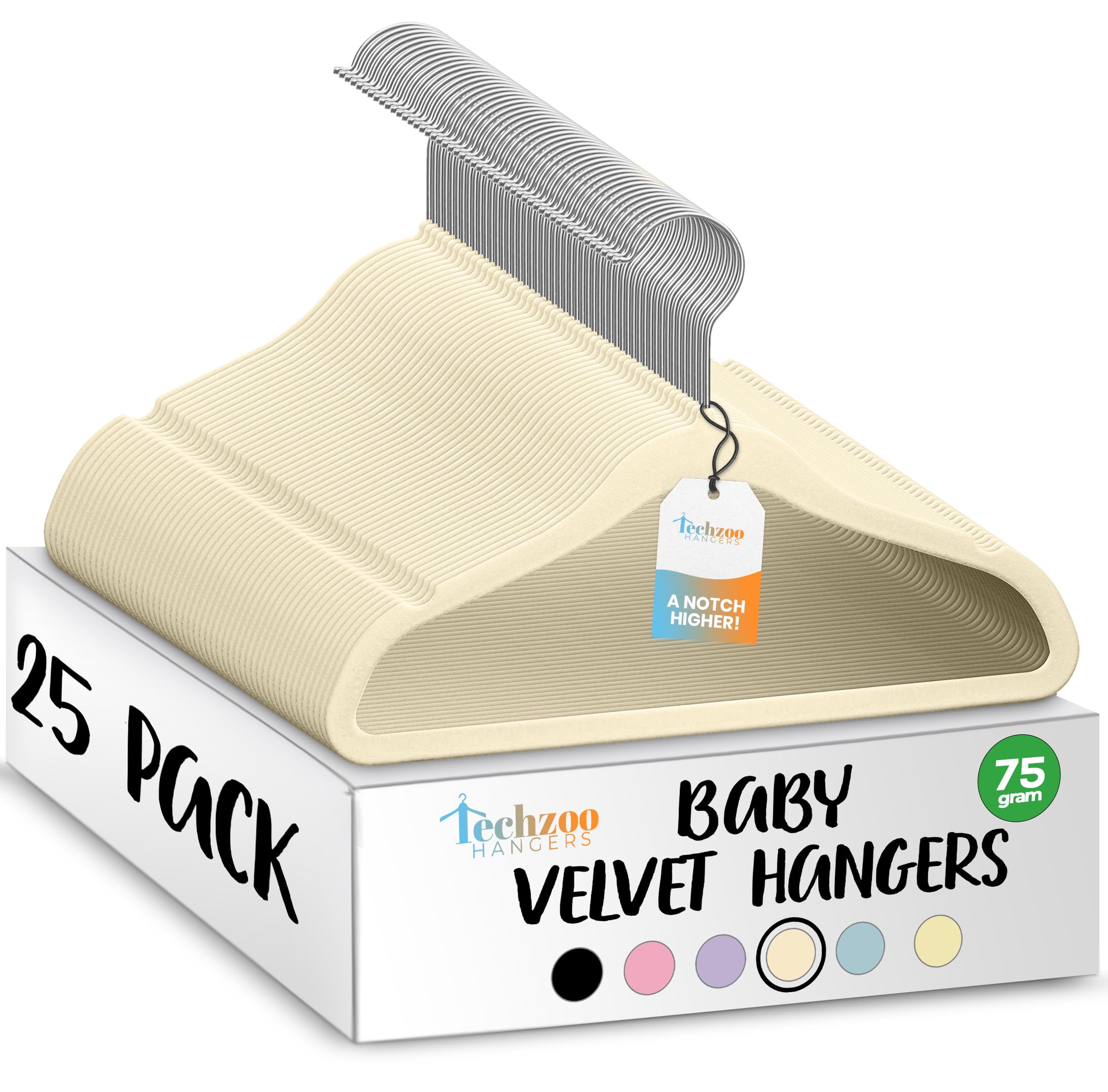 TechZoo 25 Premium Baby Velvet Hangers - 11.8 Inches Non-Slip &amp; Ultra-Slim Baby Hangers for Space-Saving &amp; Children Clothes - 360 Swivel Hook, Strong &amp; Durable Infant &amp; Toddler Clothes Hanger - Beige