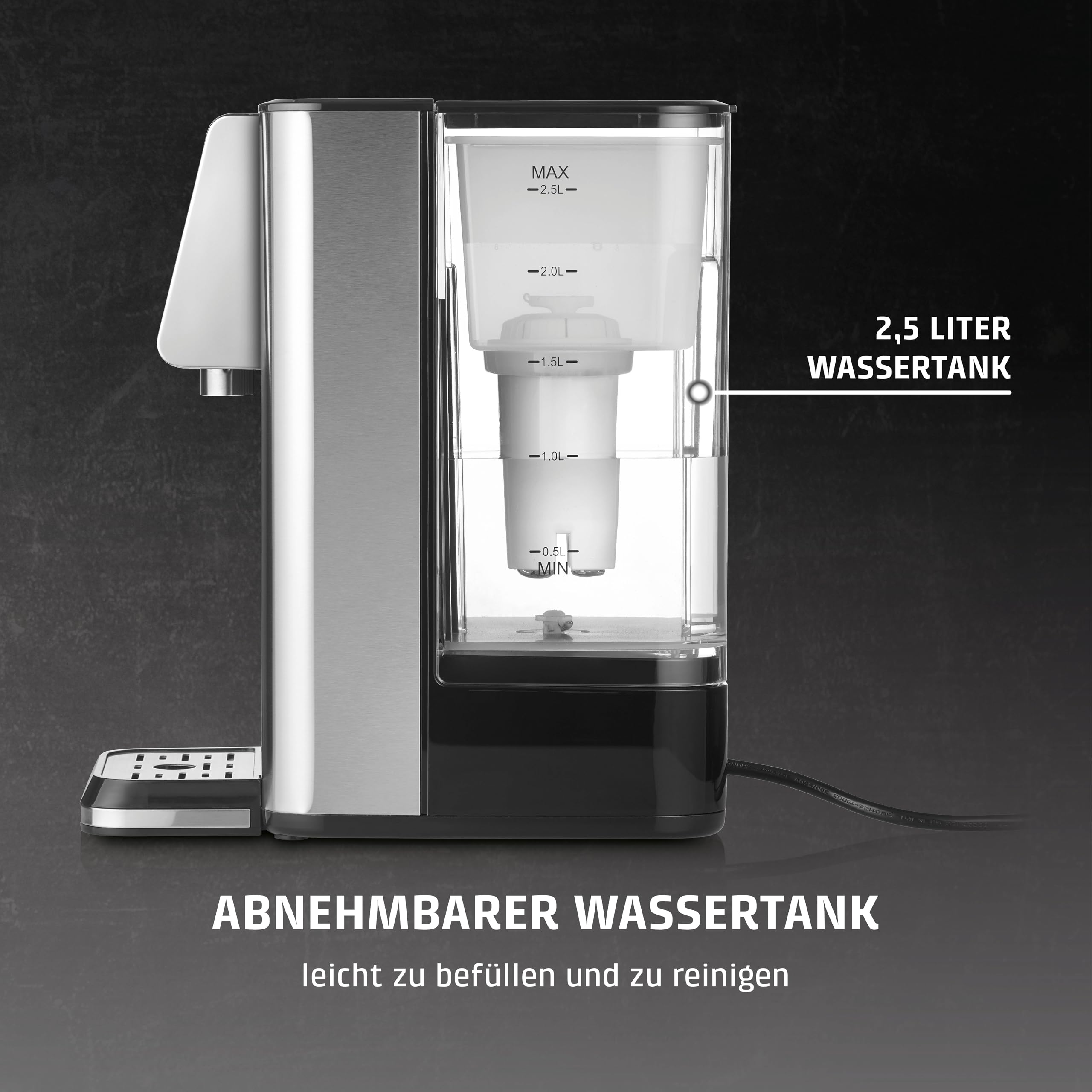 Caso HW 620 Turbo-Heißwasserspender: 2600W, 13 Temp.-Einstellungen (40-100°C), 7 Mengenausgaben, 2,5L Tank, Energiesparend, Babyfunktion, Edelstahl, Wasserfilter, Entkalkungserinnerung