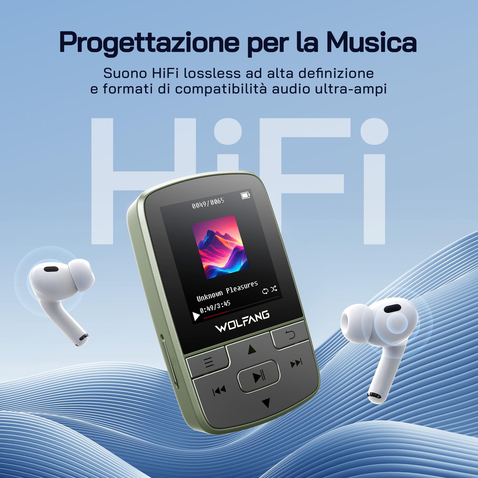 WOLFANG Lettore MP3 con Bluetooth 5.2, clip sportiva, formato mini, peso 28,3 g, HiF, registratore vocale, auricolari inclusi, Verde Militare