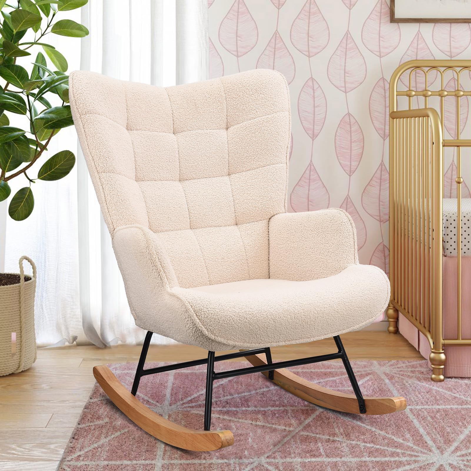 KeepGoon - Poltrona a dondolo, sedia relax oscillante, poltrona per soggiorno, per camera da letto, in velluto Teddy, con schienale a quadretti (beige)