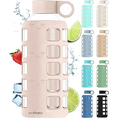 Premium Glass Water Bottle with Motivational Time Markings and Protective Silicone Sleeve