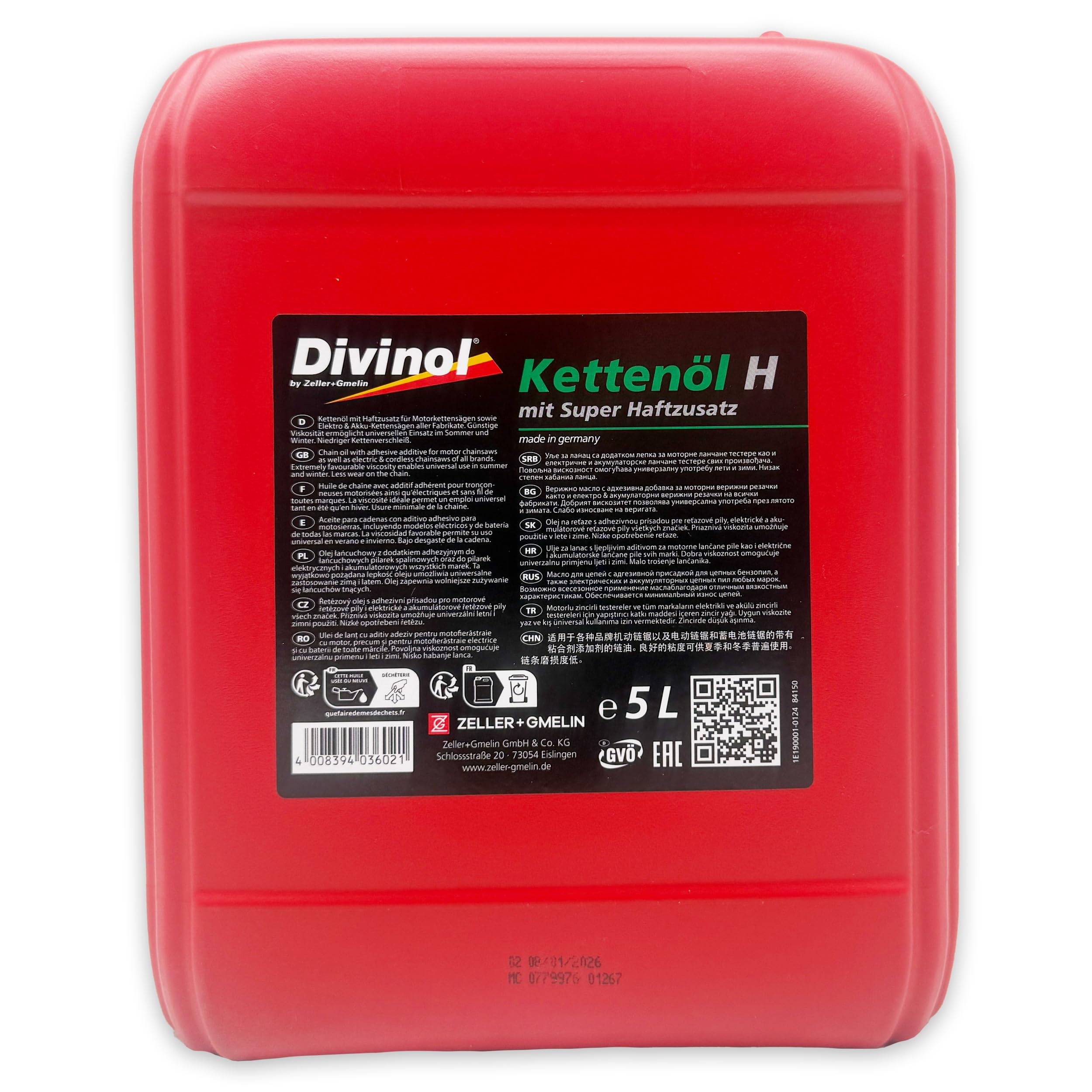 Divinol Kettenöl H | 10 L | Sägekettenöl | VG 100 | Haftöl für Motorsäge | (84150) | Kettenöl mit Haftzusatz – Verschleißschutz für Kette & Schwert – mineralisch | mit Trichter