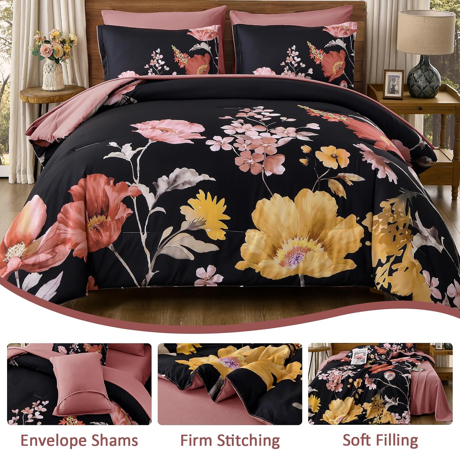 DJY Floral King Comforter Set - 7 Pieces Black & Blush Floral Bed in a Bag with Flower Leaves Pattern, Soft Microfiber Botanical Comforter and Sheet Set, All Season Bedding Set (104''x90'') - Image 6