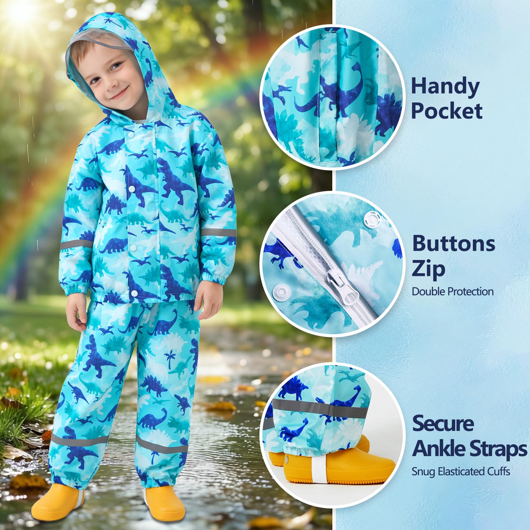 Chubasquero Impermeable Niño Niña Chaqueta Lluvia & Pantalones Traje con Capucha y Reflectante Animal Estampado Impermeable Traje de Lluvia Conjunto Ligero Abrigos para Infantiles 1-7 años