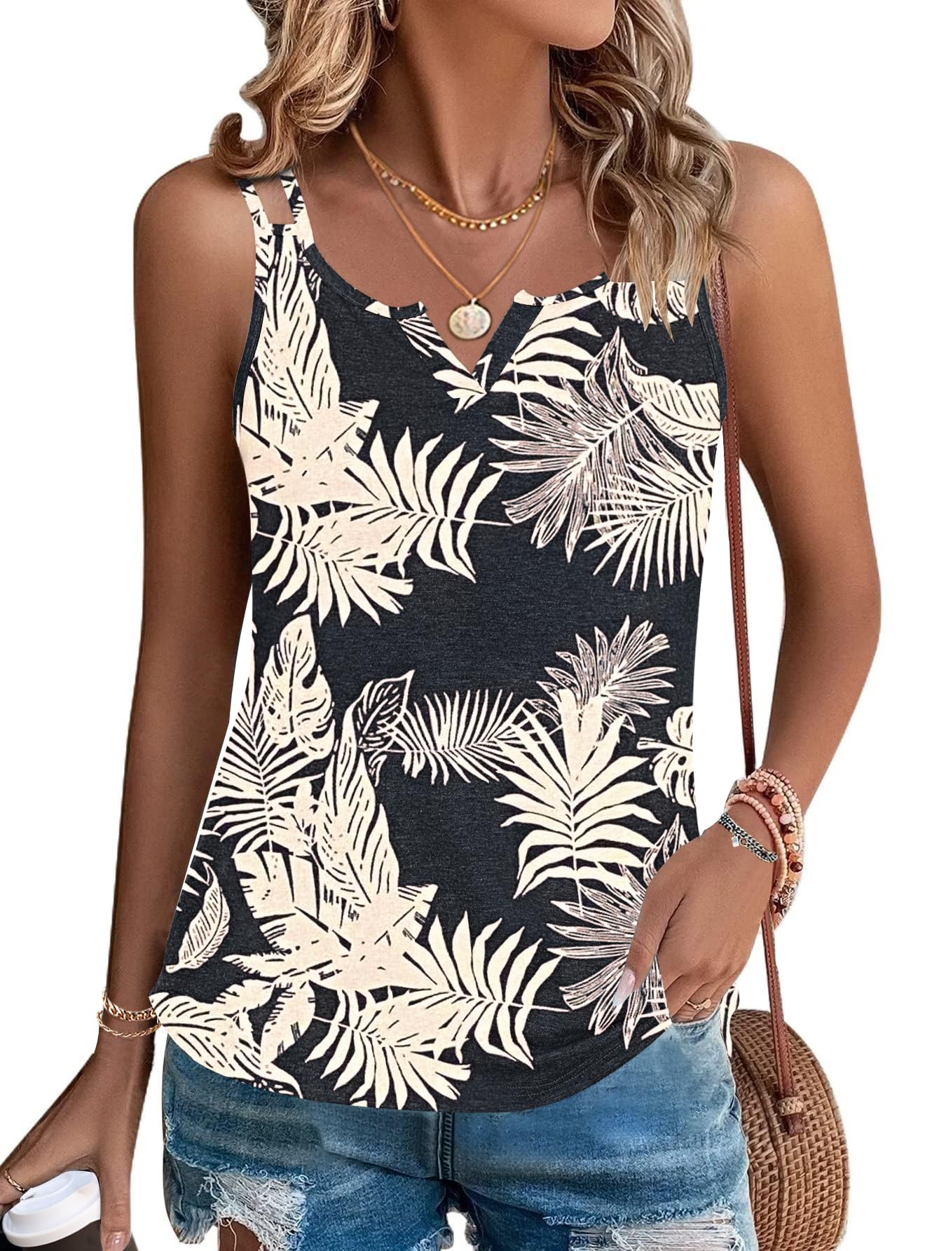 WNEEDU Tank Top Damen Sommer Armellose Oberteile Spaghettiträger Blusentop Cami Shirt V Ausschnitt Sexy
