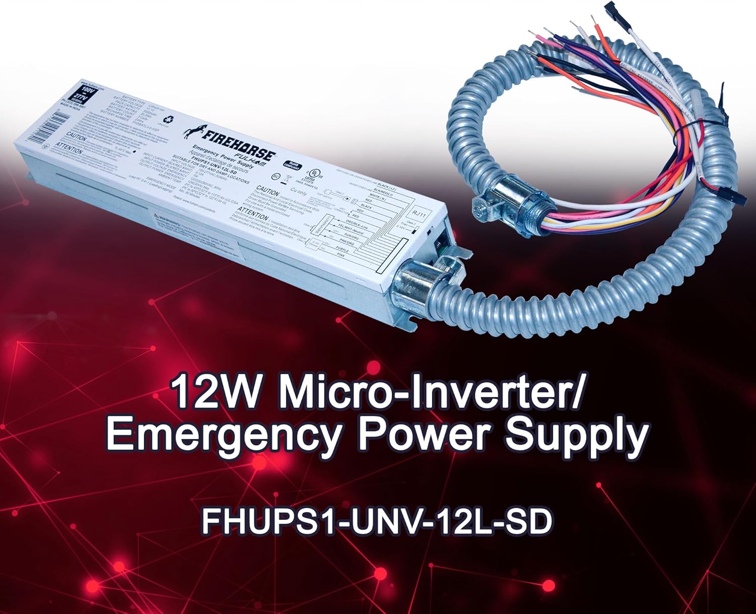 Fulham FireHorse FHUPS1-UNV-12L-SD Emergency Micro Inverter, 12W Programmable, 100-277V, 120/220/260V Output, 90 Min Backup, 0-10V & TRIAC Dimming, UL924.