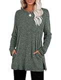 Womens Sweaters Crewneck Long Sleeve Shirts with Pockets Fall Outfits 2025 Fashion Winter Clothing Side Slit