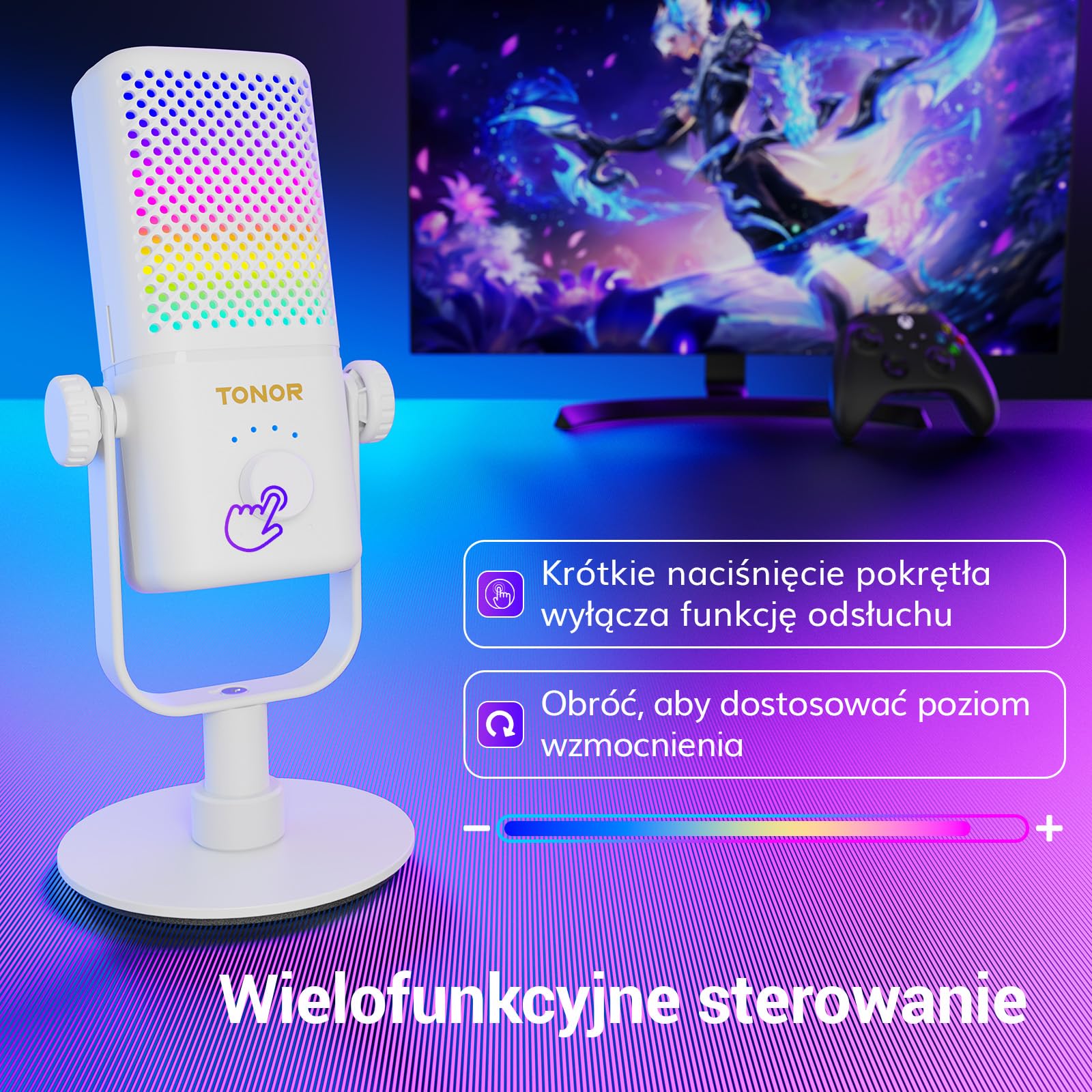 TONOR Mikrofon gamingowy kompatybilny z Xbox, mikrofon kondensatorowy z RGB, 30 godzin, kontrola GAIN/monitoring/wyciszenie, mikrofon do streamingu/podcastingu, kompatybilny z kartami Capture, TCX3