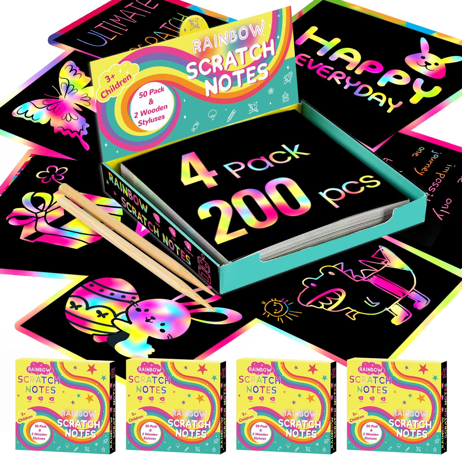 POIKSHARK 200 PCS Rainbow Scratch Art Mini Notes for Kids Ages 3-12,Arts and Crafts Gifts for Teen Girls, Students Birthday Classroom Party Favor Games,Travel Toy Supplies for Boys and Girls,4 Pack