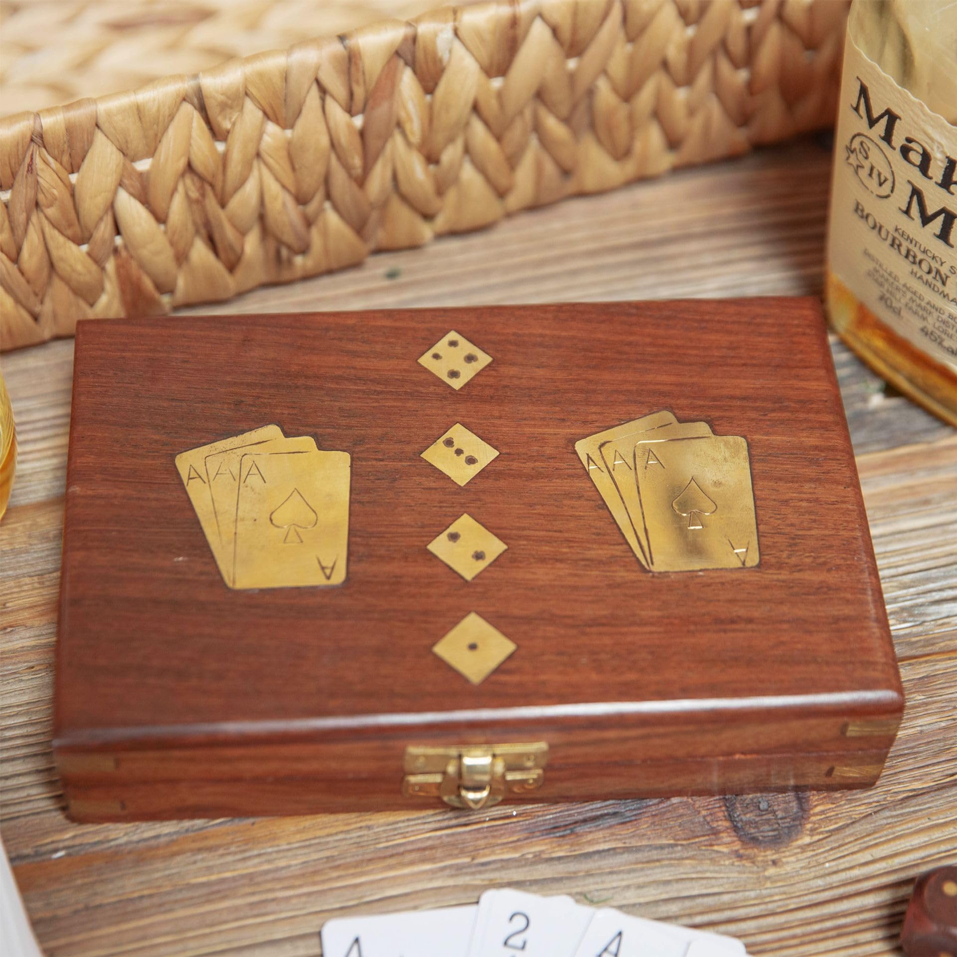 Wooden Playing Card and Dice Games Set with Brass Inlay Rosewood Case