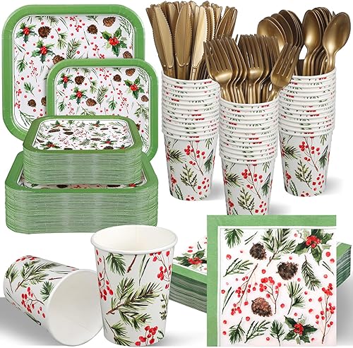 Juego de vajilla desechable de 350 piezas de suministros para fiestas de Navidad para 50 invitados, platos llanos, servilletas y platos de postre,