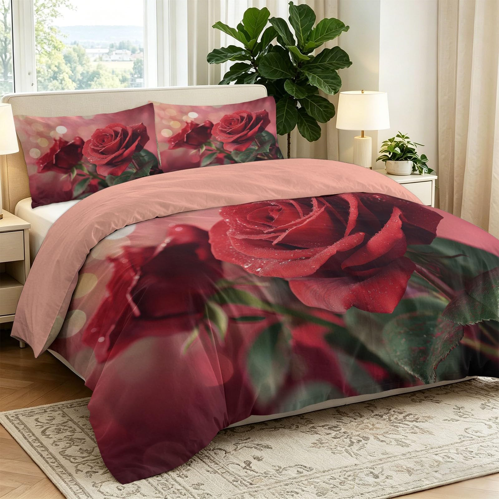 3-częściowy komplet pościeli 200 x 200 cm, wzór roślinny, kwiatowy wzór, na lato, z mikrofibry, czerwona, zielona, tradycyjne, romantyczne czerwone róże, dwustronna poszwa na kołdrę z zamkiem
