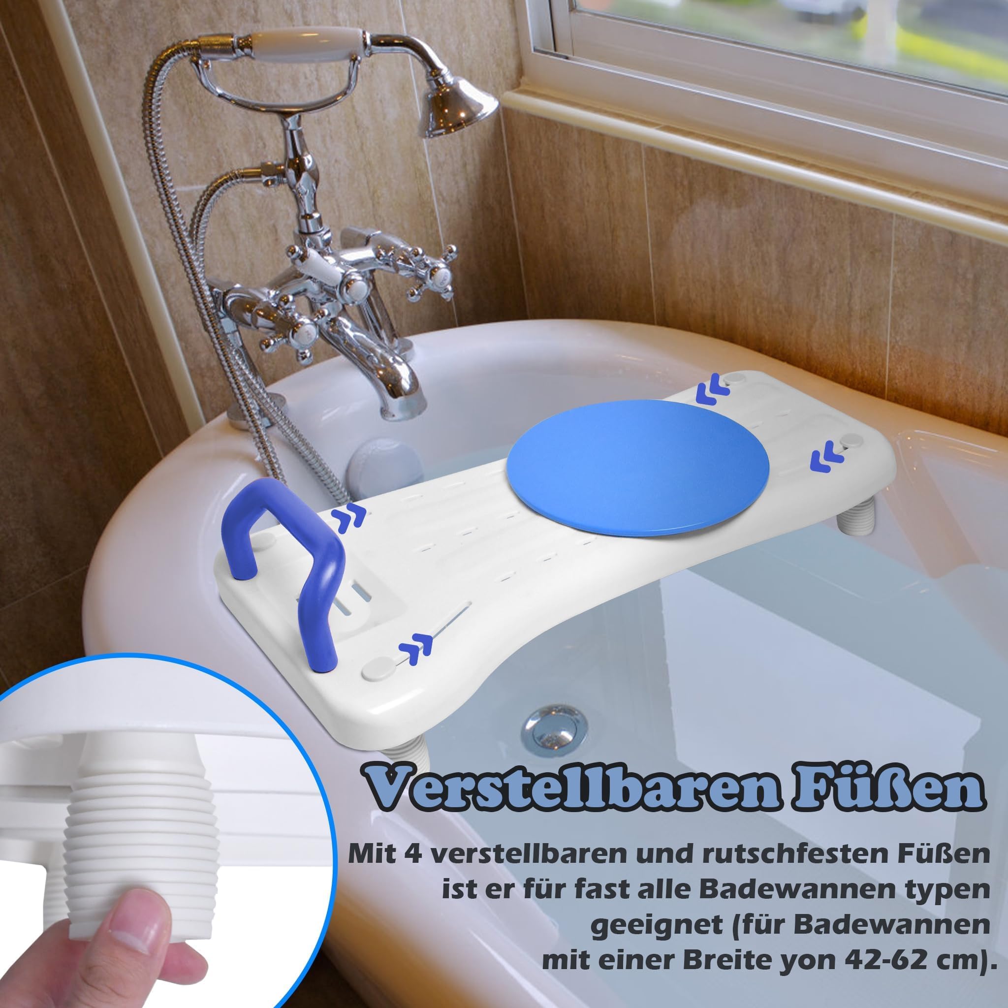 ACXIN Deska do wanny dla seniorów – z mydelniczką i niebieskim uchwytem, deska do siedzenia, regulowana 41-63 cm, deska prysznicowa z obrotową tarczą, obciążenie do 150 kg