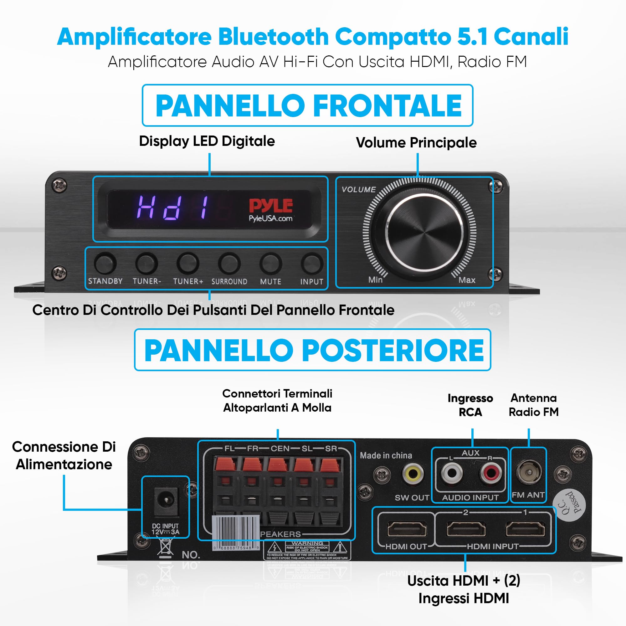 Pyle Amplificatore Audio Stereo Wireless Bluetooth, 75 Watt Amplificatore 5.1 Canali per Home Theater, Surround con HDMI, AUX, Antenna FM, Ingresso Subwoofer