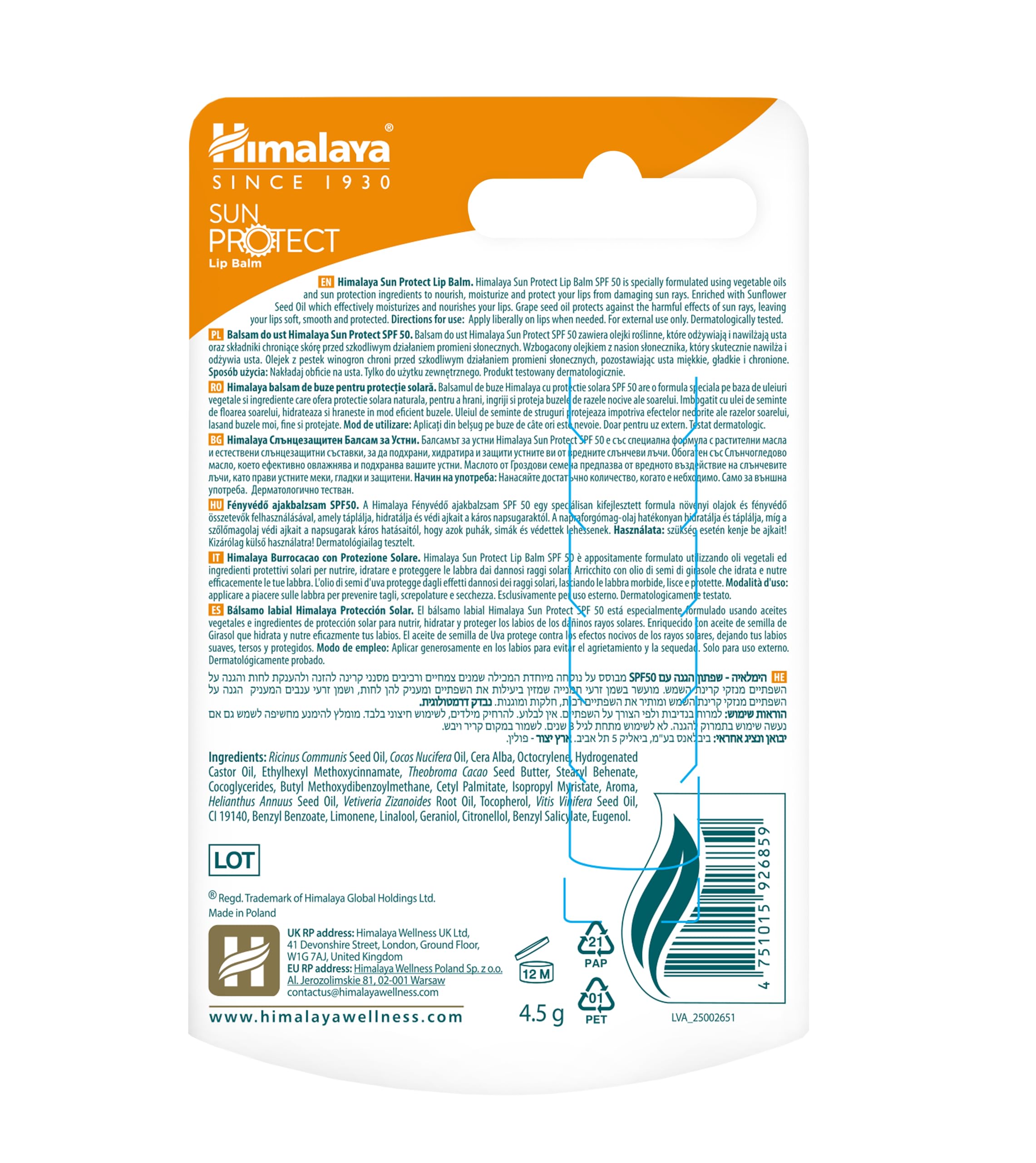 Himalaya Sun Protect Balsamo per labbra con SPF 50 e protezione dai raggi UVA, protegge le labbra dai danni del sole, 4,5g, Confezione da 1, Sun Protect 4.5g, Confezione singola
