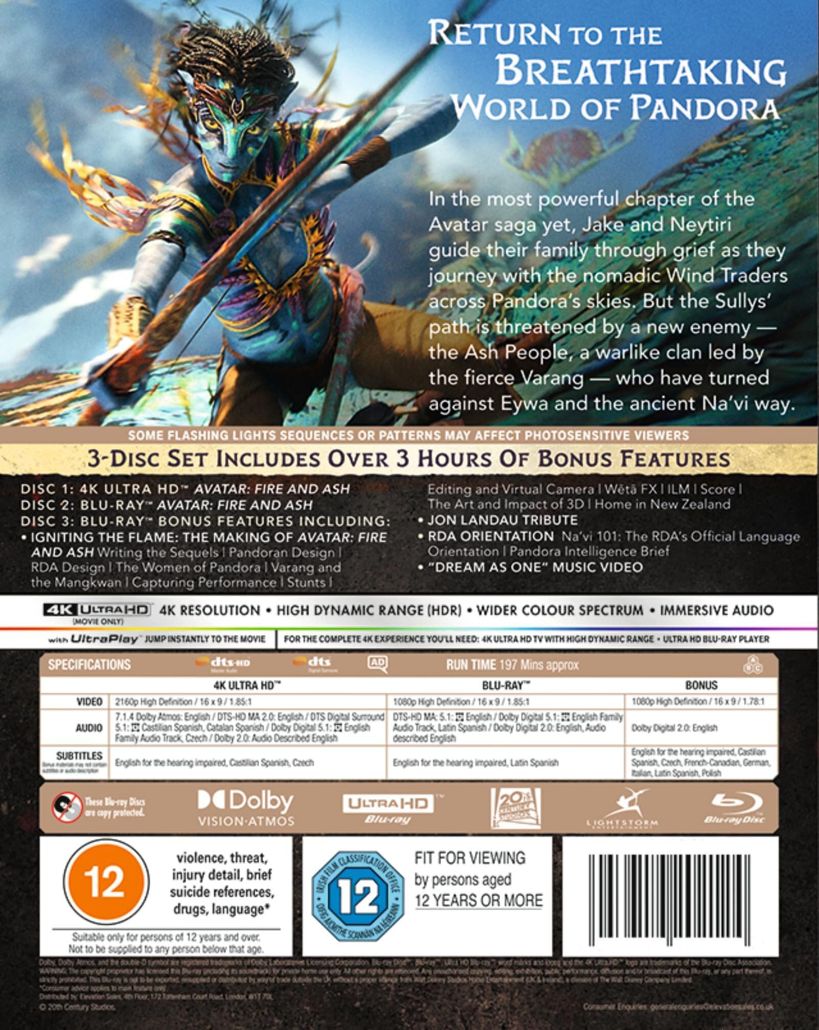 Avatar: Fire and Ash (Bonus Features) [3-Disc Set] [4K UHD + Blu-ray] [Region Free]