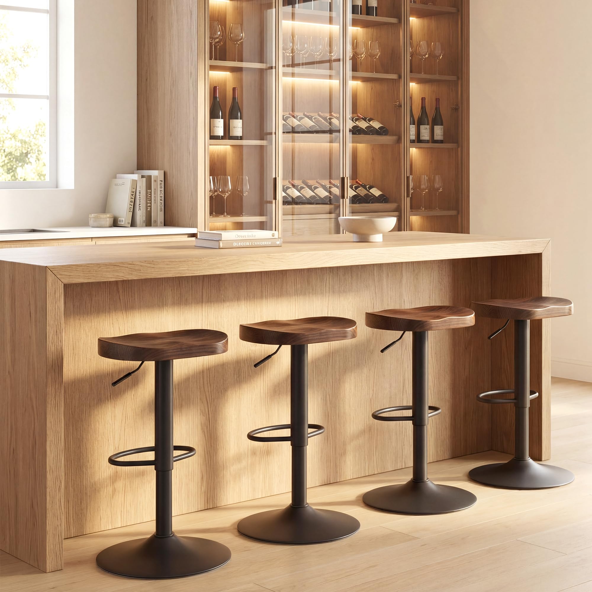 HOMCOM Lot de 2 tabourets de Bar, chaises de Bar Hauteur réglable avec siège en Bois d'orme, Repose-Pieds, pivotant 360°, Style Moderne, tabourets Hauts pour Cuisine, Salon, Marron foncé