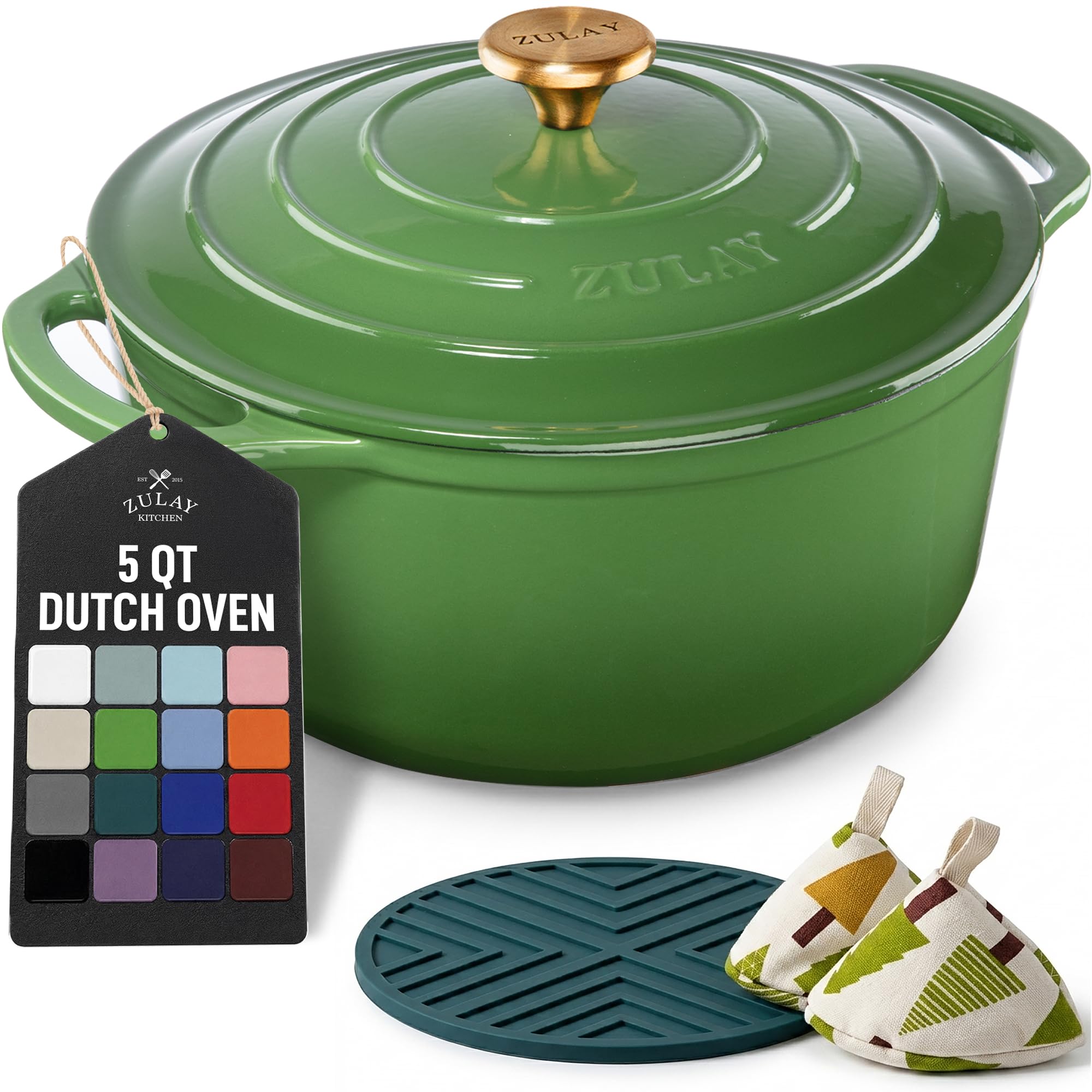 Zulay Kitchen 5 Quart Enameled Cast Iron Dutch Oven Pot with Lid – Premium Durability &amp; Oven Safe up to 500°F – Heavy Duty Cookware Perfect for Bread Baking, Stews, Braising &amp; Roasting – Green
