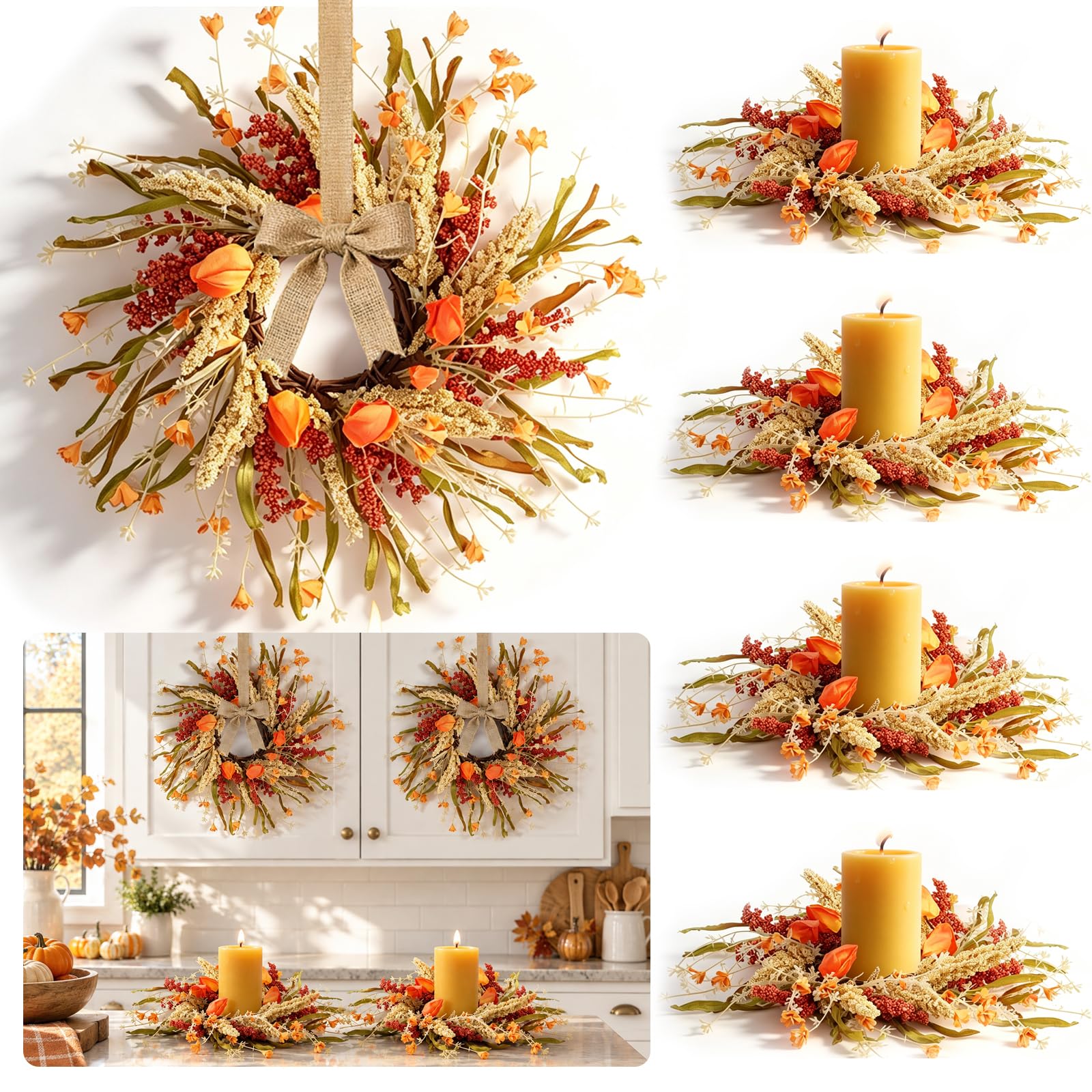 6 PCS Mini Fall Candle Rings Autumn Pampas Grass Floral Wreath for Window