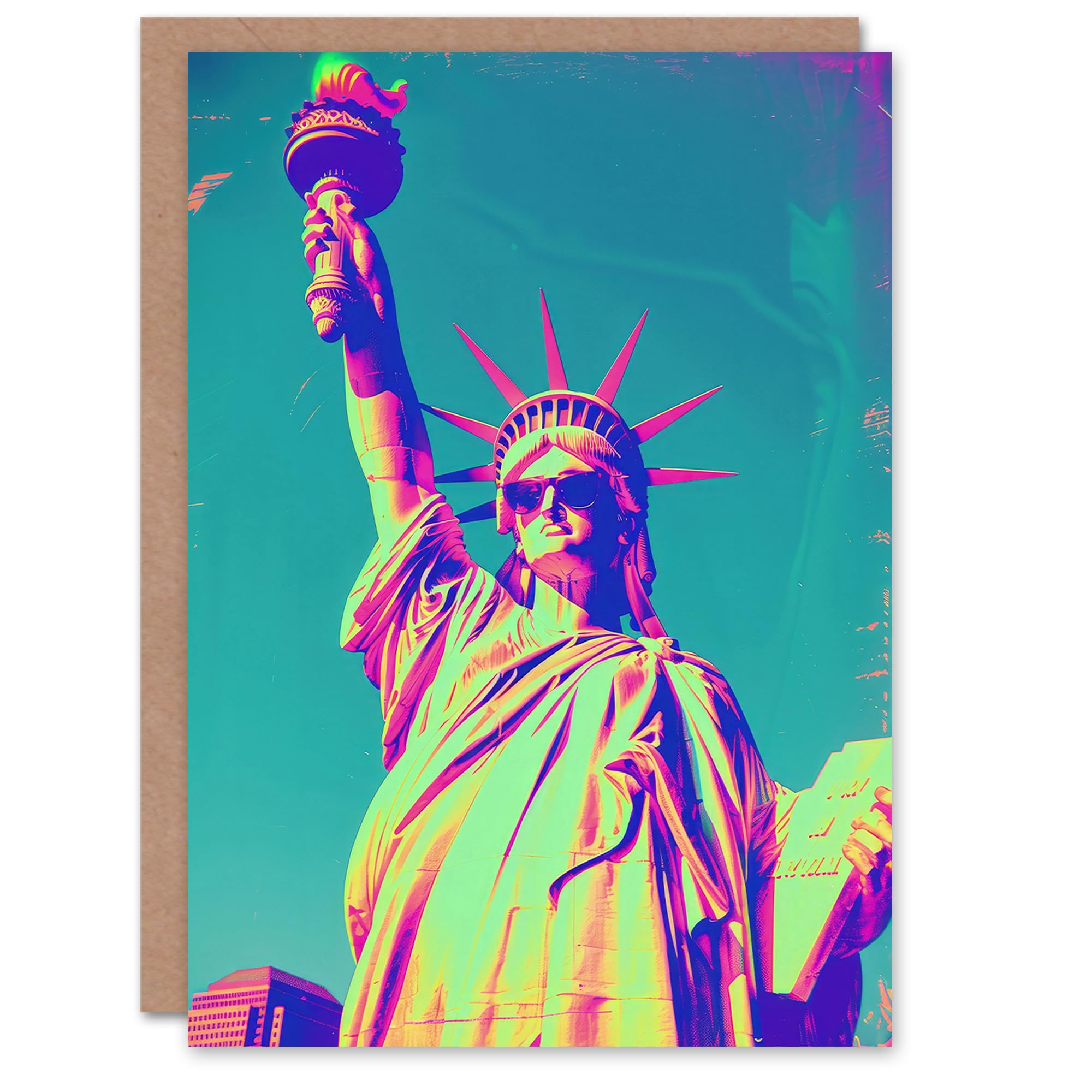 Artery8 Birthday Card Neon Statue of Liberty Sunglasses Funky For Him Man Male Dad Brother Son Papa Grandad Greeting Card