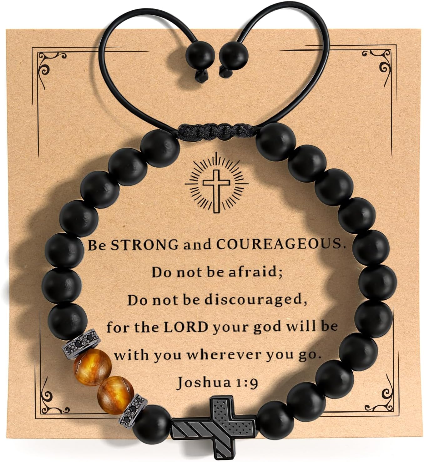 Cross Religious Bracelet for Men, Natural Stone Tiger Eye & Black Beads Bracelets, Christian Gift for Birthday Graduation Easter Christmas