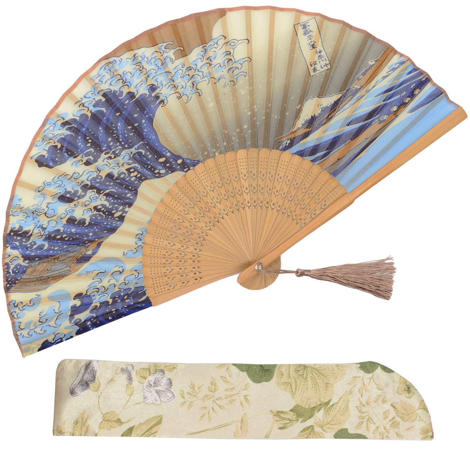 LeehomeLeehome Hand Held Silk Folding Fans with Bamboo Frame - with a Fabric Sleeve for Protection - Chinese/Japanese Vintage Retro Style (Kanagawa Sea Waves)