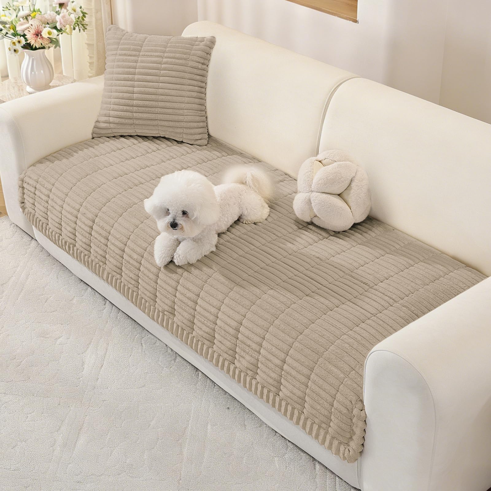 XINEAGE Thick Sofa Covers Washable, Soft Flannel Sofa Cover 2 3 4 Seater, Fuzzy Sofa Slipcovers Non-Slip, Couch Seat Covers Furniture Protctors for Dogs, Pets (90x210cm, Brown)