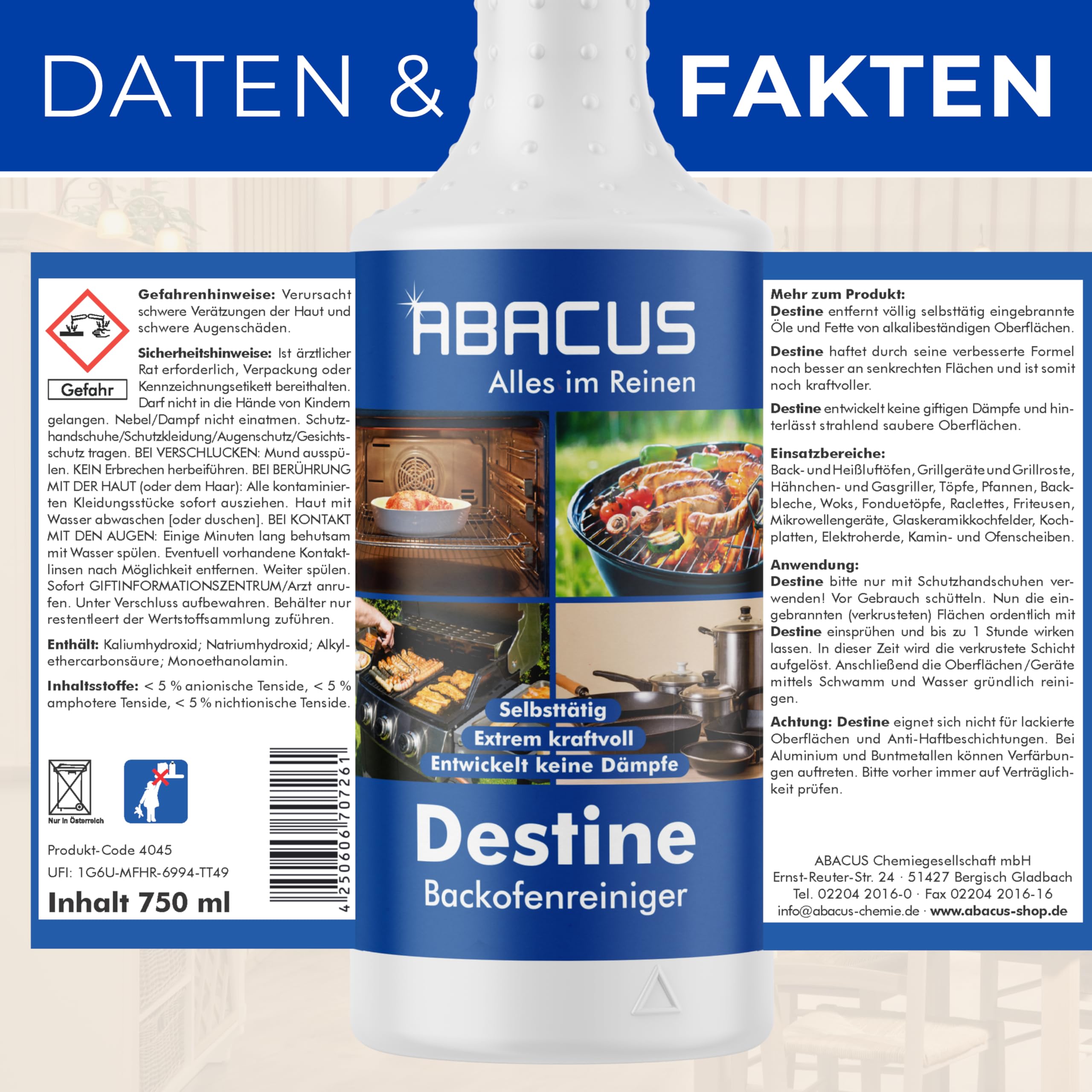 ABACUS® Backofenreiniger, Grillreiniger mit Mikrofasertuch & Schwämmen - Backofen- & Grillreiniger Set 750 ml gebrauchsfertig (7397)